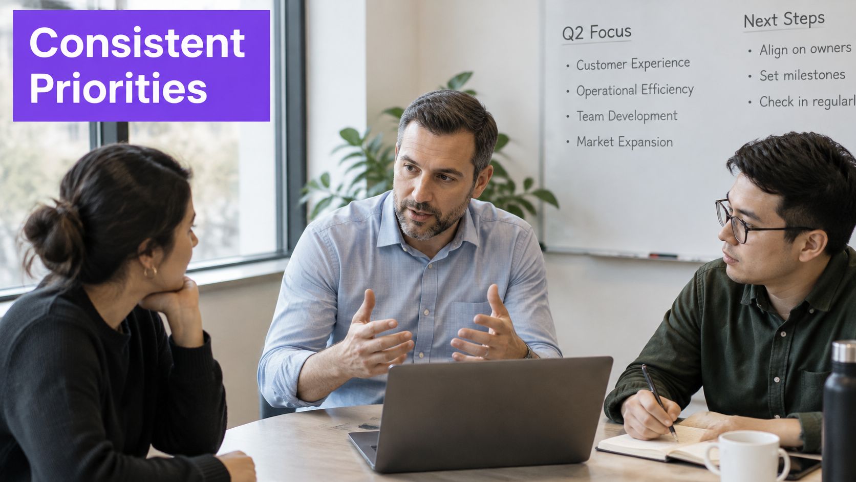 Three professional team members discussing quarterly objectives during a collaborative meeting in a modern office space.