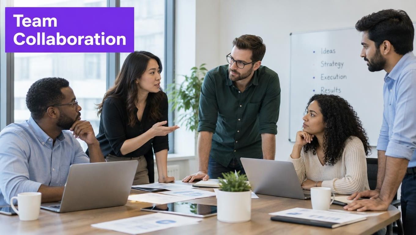 A diverse group of professionals collaborating and brainstorming strategies during a team meeting in an office setting.