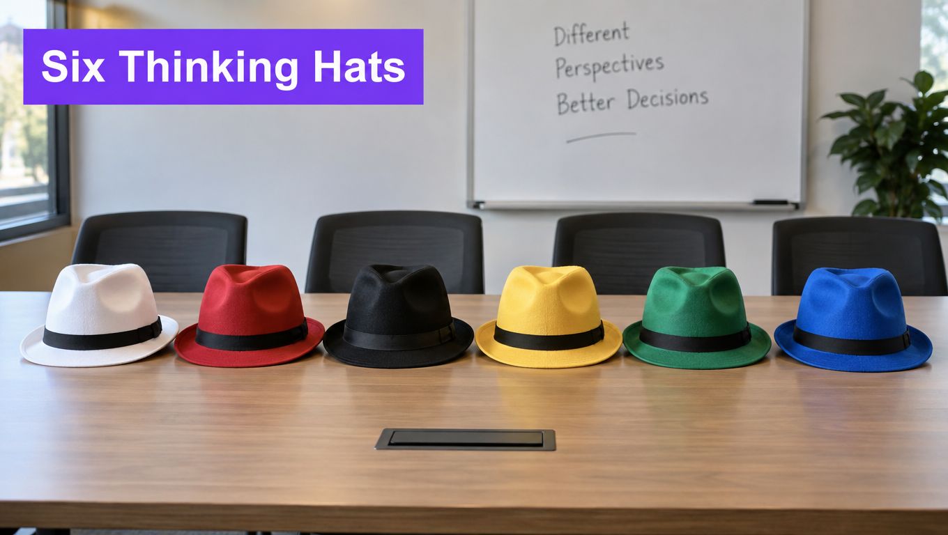 Six colorful fedora hats lined up on a meeting room table representing different thinking perspectives.
