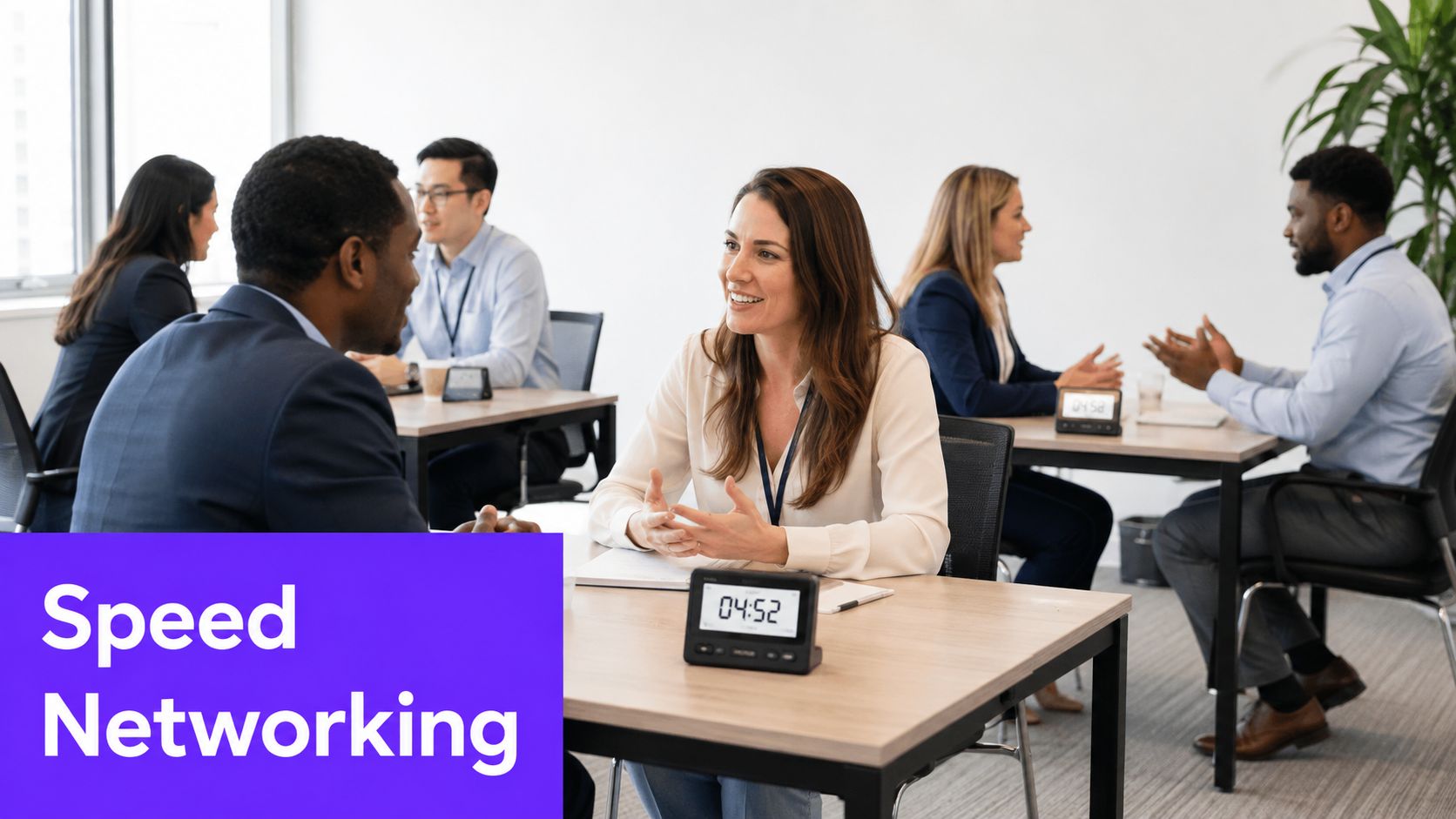 A professional setting showing diverse people engaged in speed networking sessions with digital timers on tables.
