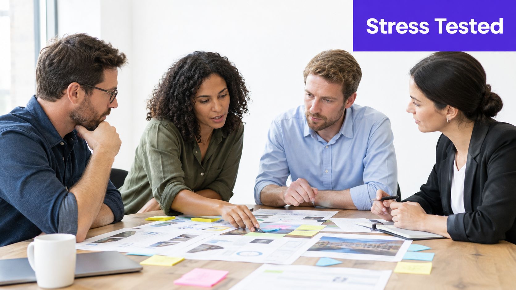 A diverse group of four professionals collaborating and discussing business strategy on documents in a bright office.