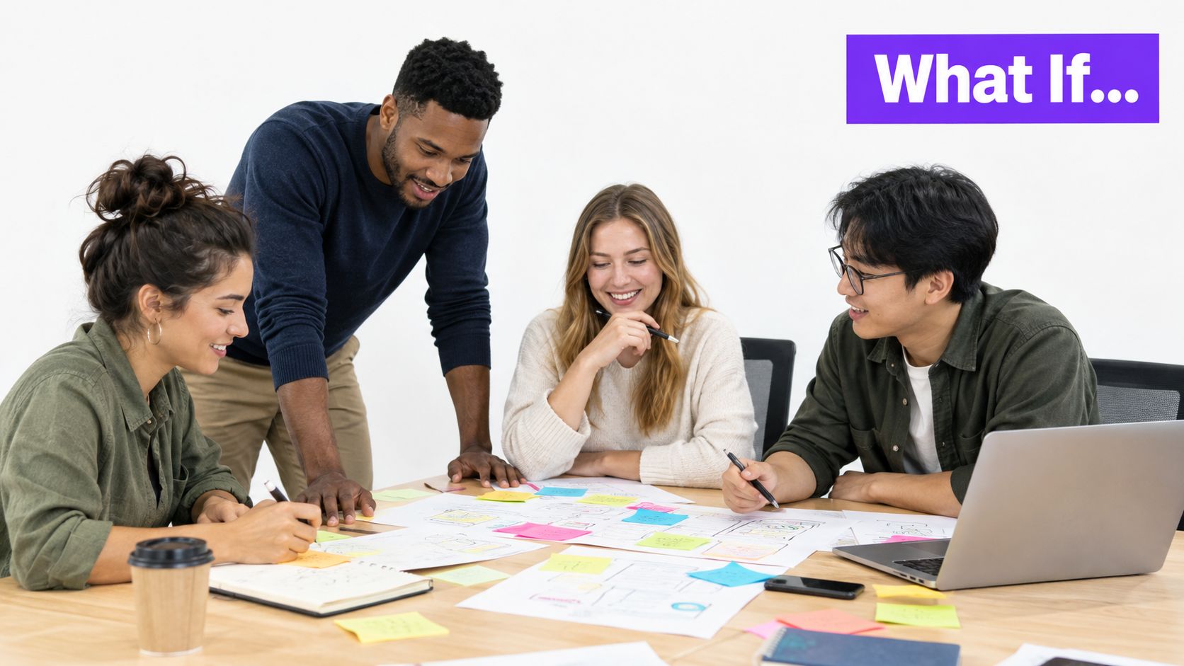 A diverse group of professionals collaborating and brainstorming on project designs in a modern office space.
