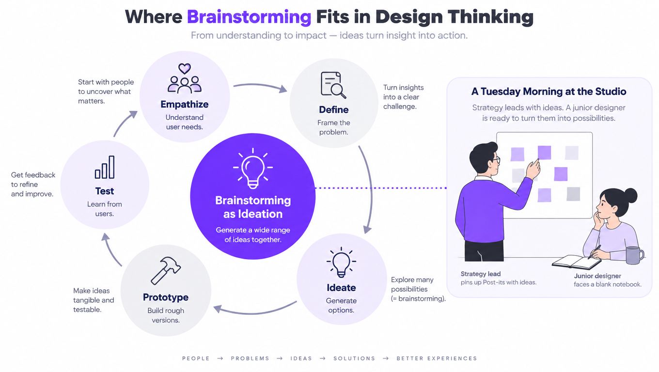 A circular diagram illustrating how brainstorming serves as the central ideation phase within the Design Thinking process.