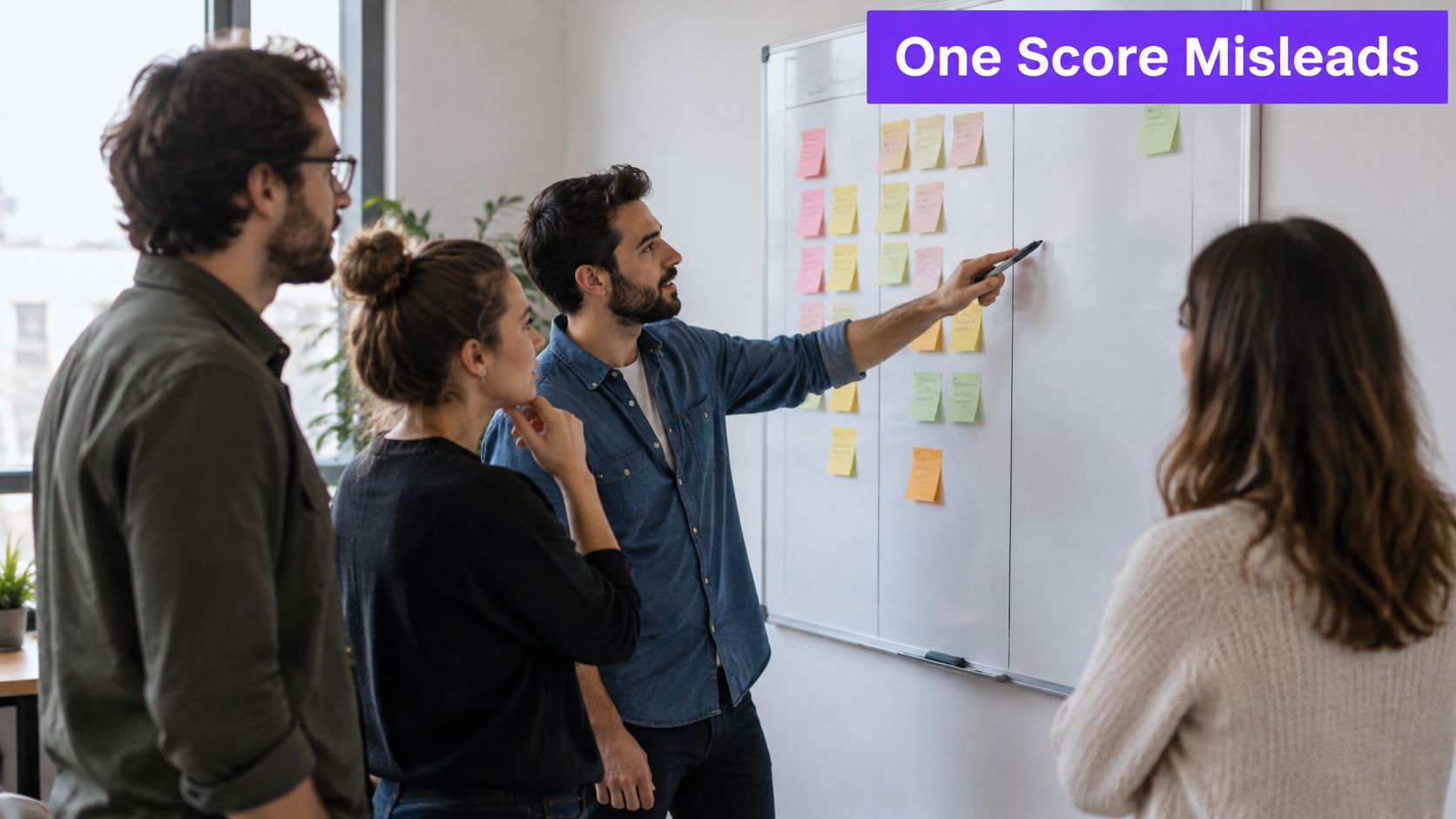 A professional team collaborating on a strategy project by placing sticky notes on a whiteboard in office.