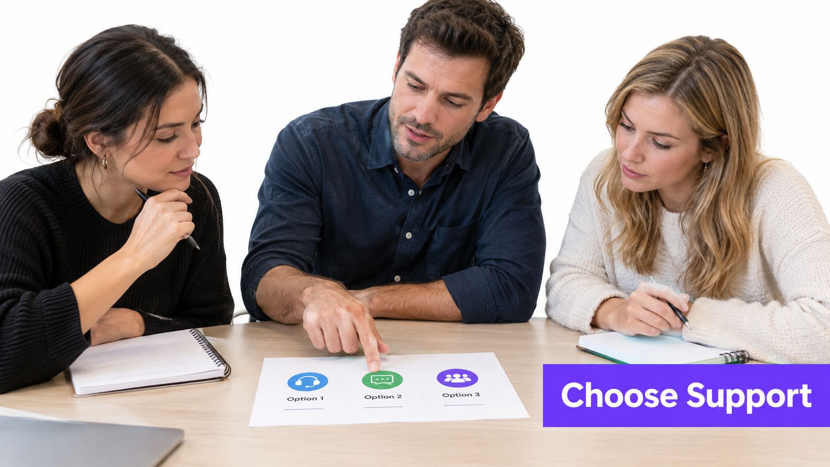 Three colleagues collaborate in a modern office, reviewing options for customer support on a printed document.
