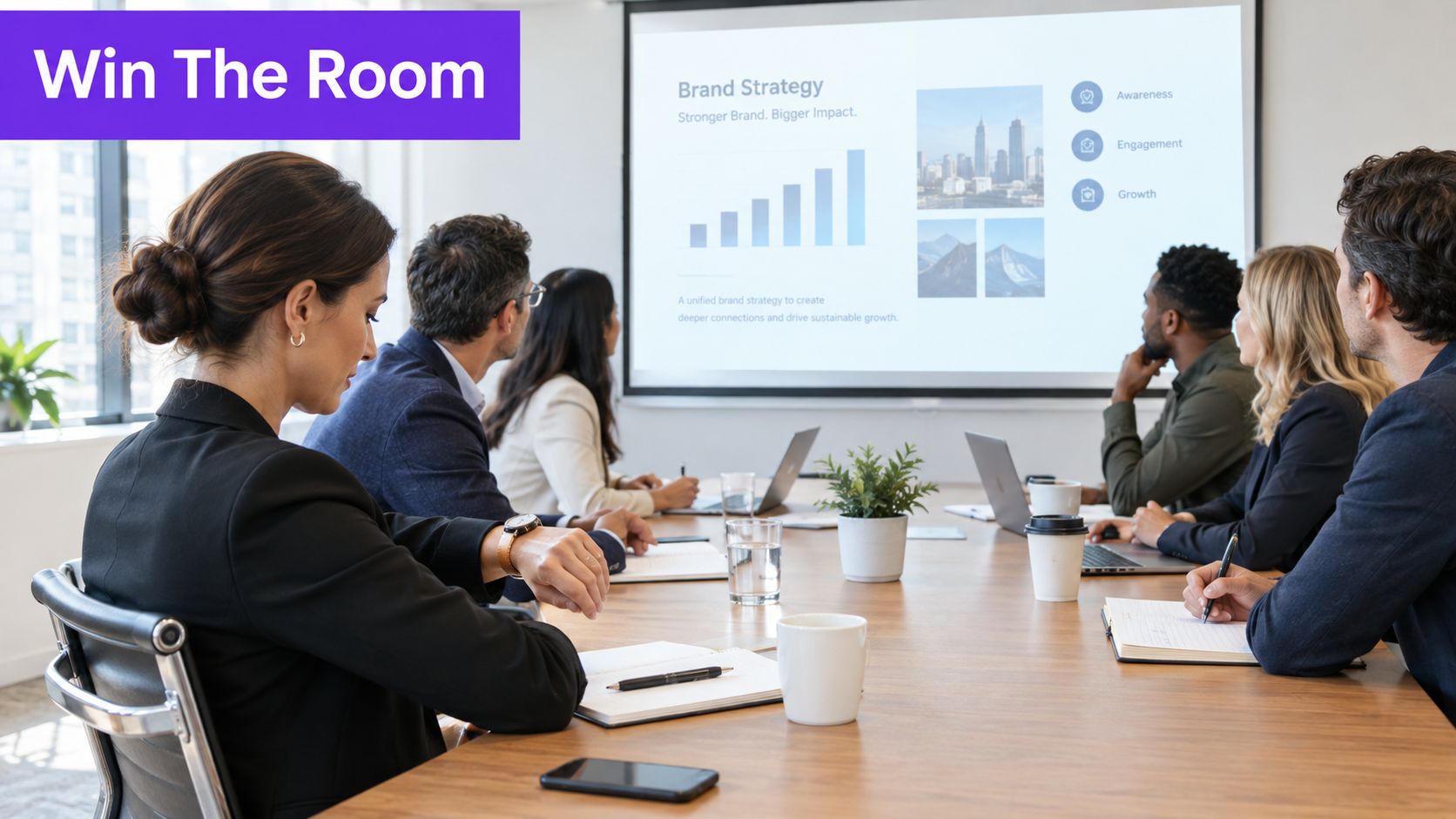 A professional team attends a brand strategy presentation in a modern office meeting room setting.