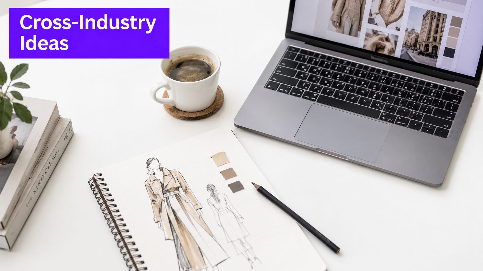 A high-angle view of a design workspace featuring a laptop, coffee, and a fashion sketch book.