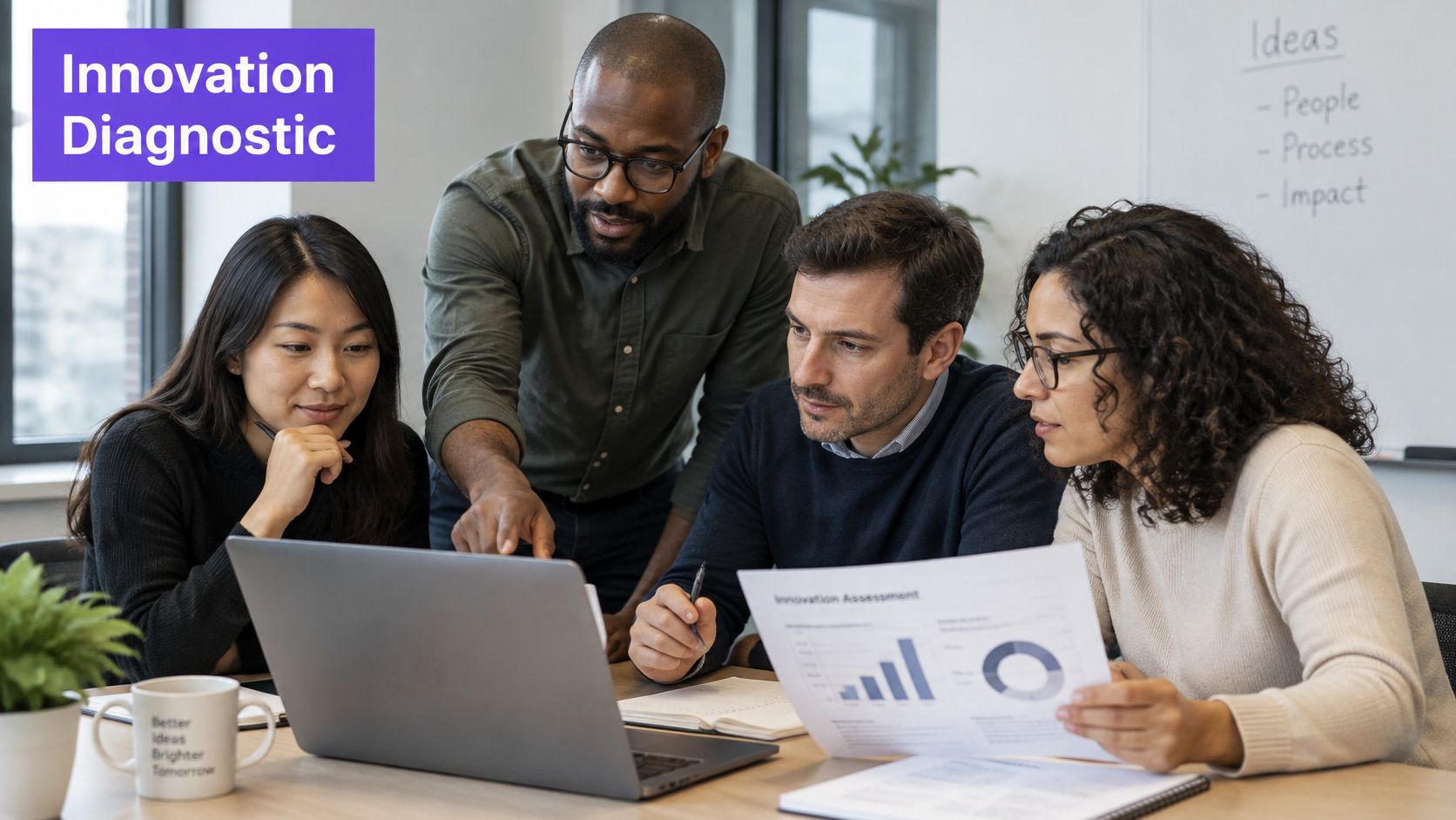 A diverse team of four professionals collaborating on an innovation diagnostic project in a modern office meeting.