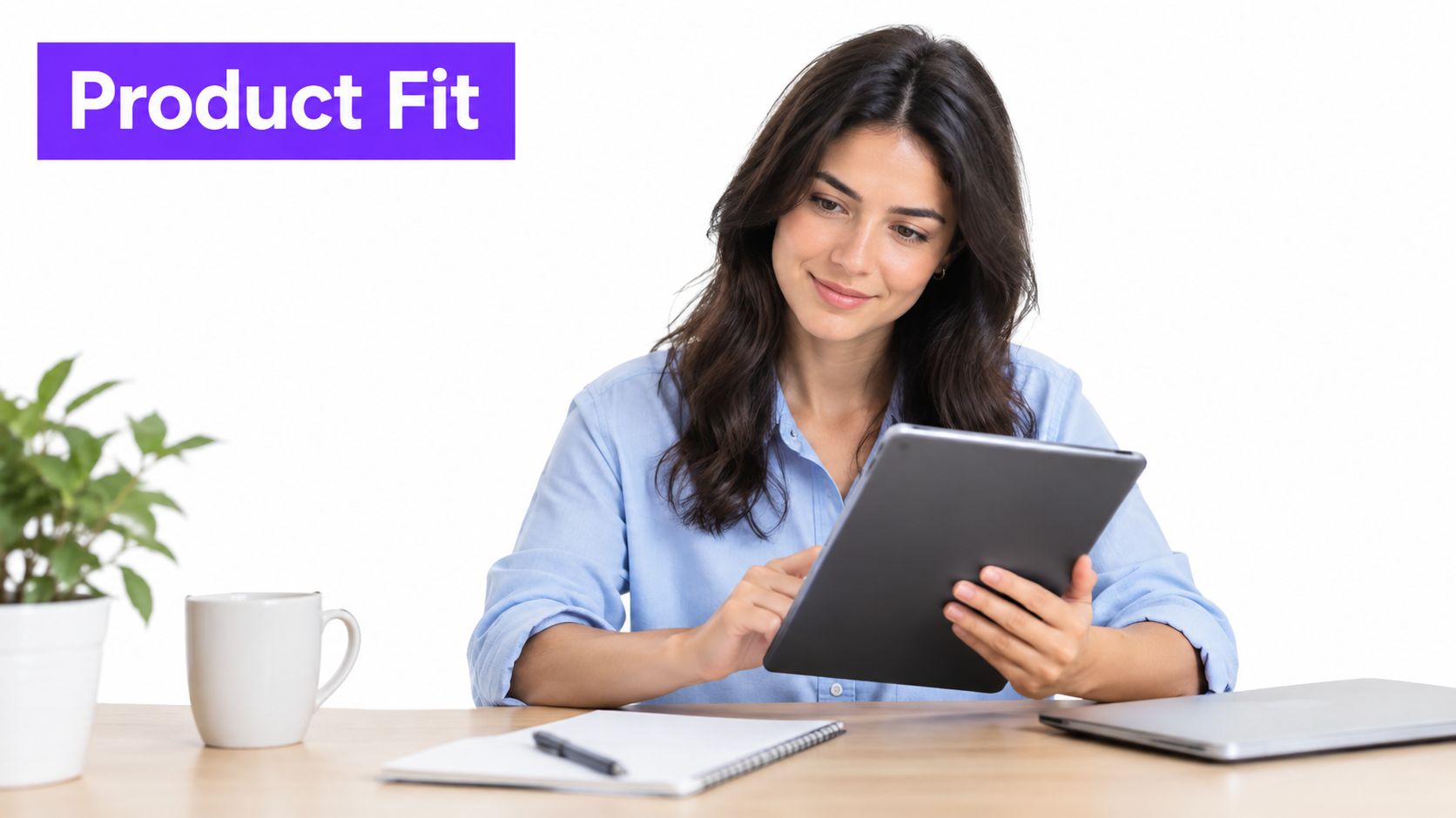 A professional woman in a blue shirt using a tablet at her tidy wooden desk