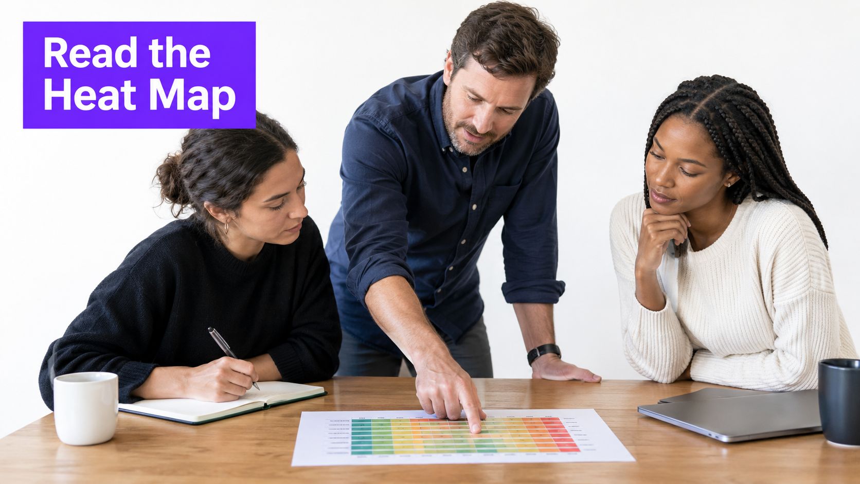 A diverse business team collaborating in an office while reviewing a printed innovation maturity assessment heat map.