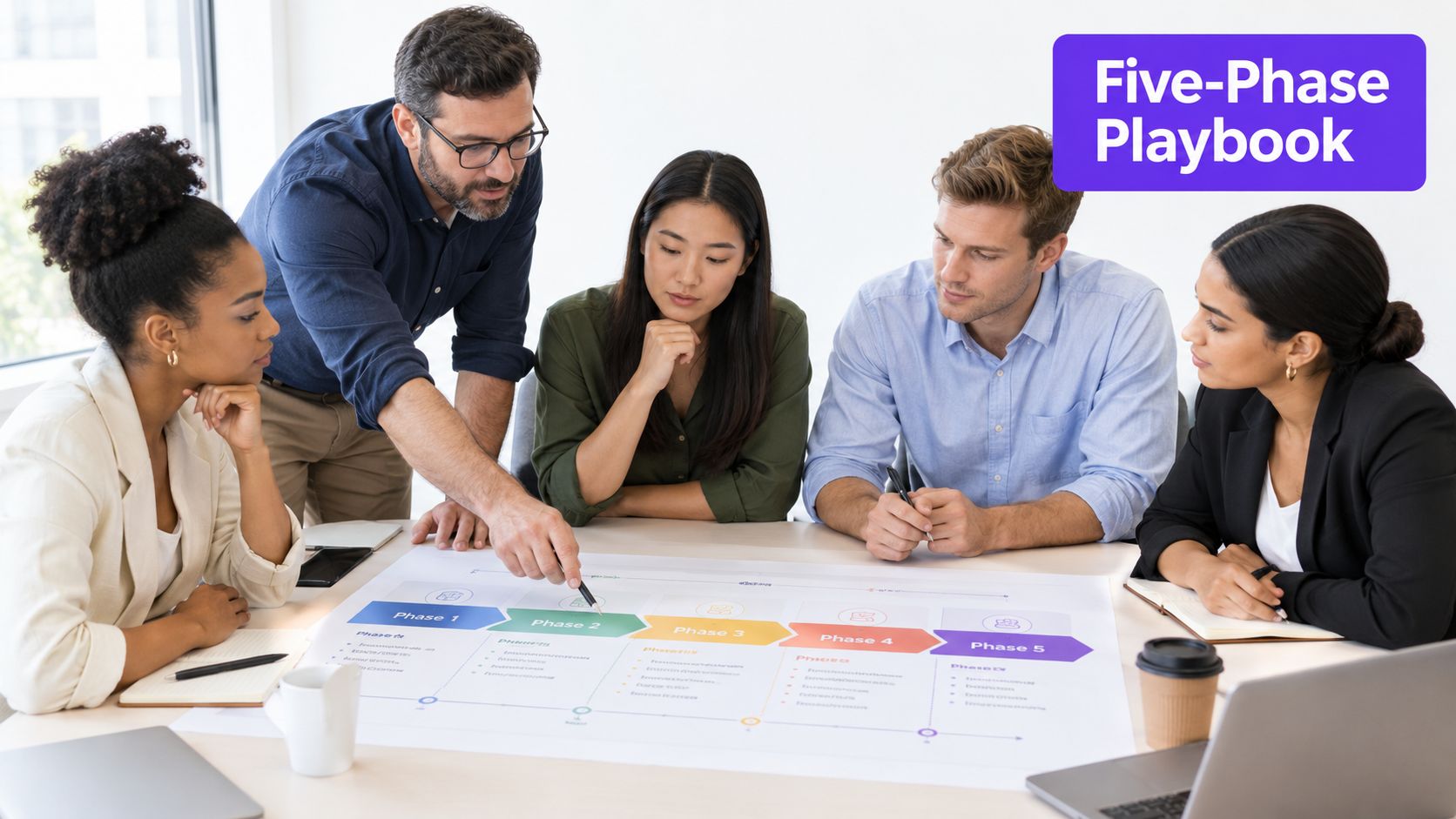 A diverse group of professionals collaborating on a strategic business project in a modern office meeting.