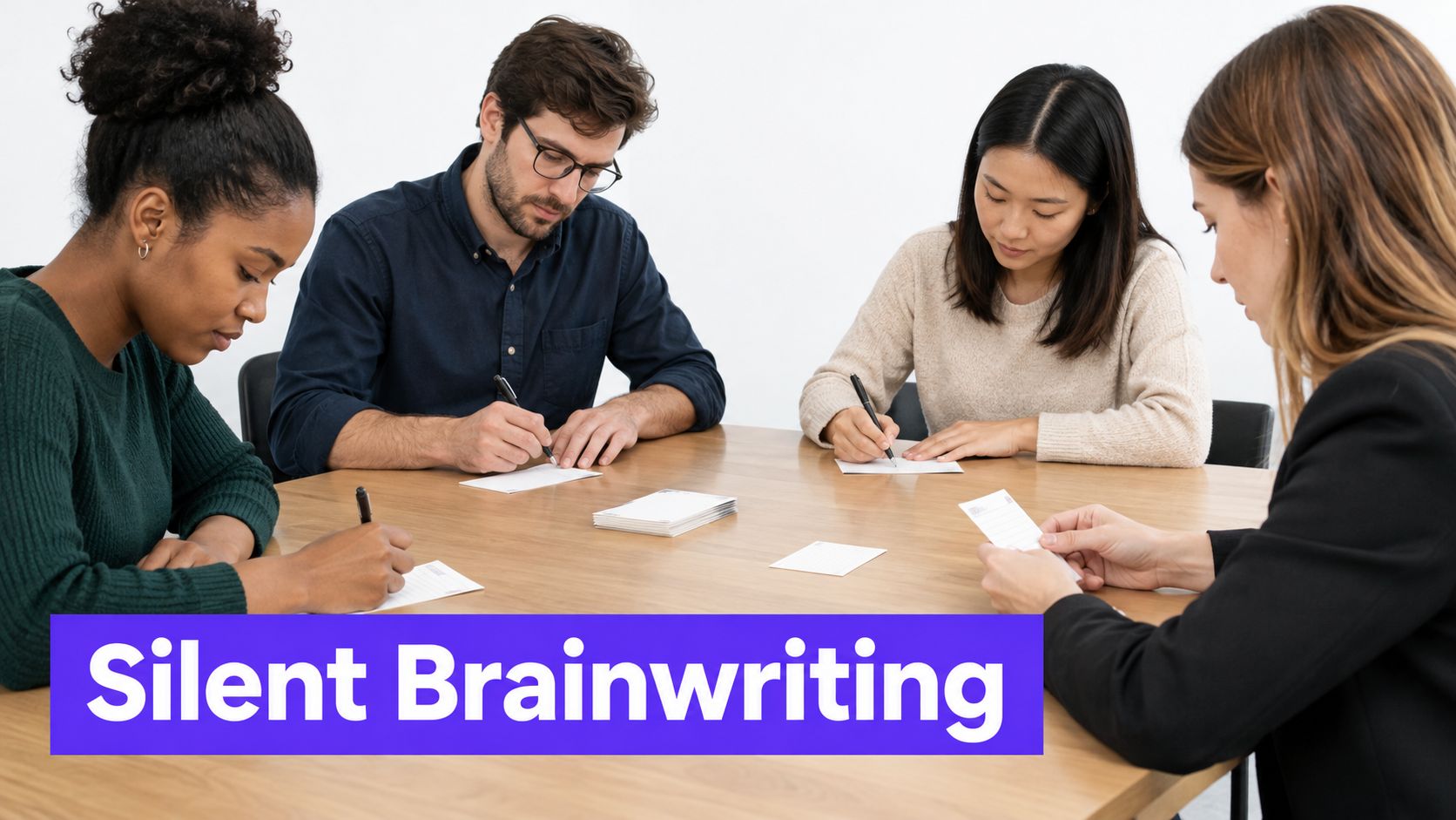 A diverse group of four people sitting around a table engaging in silent brainwriting with paper cards.