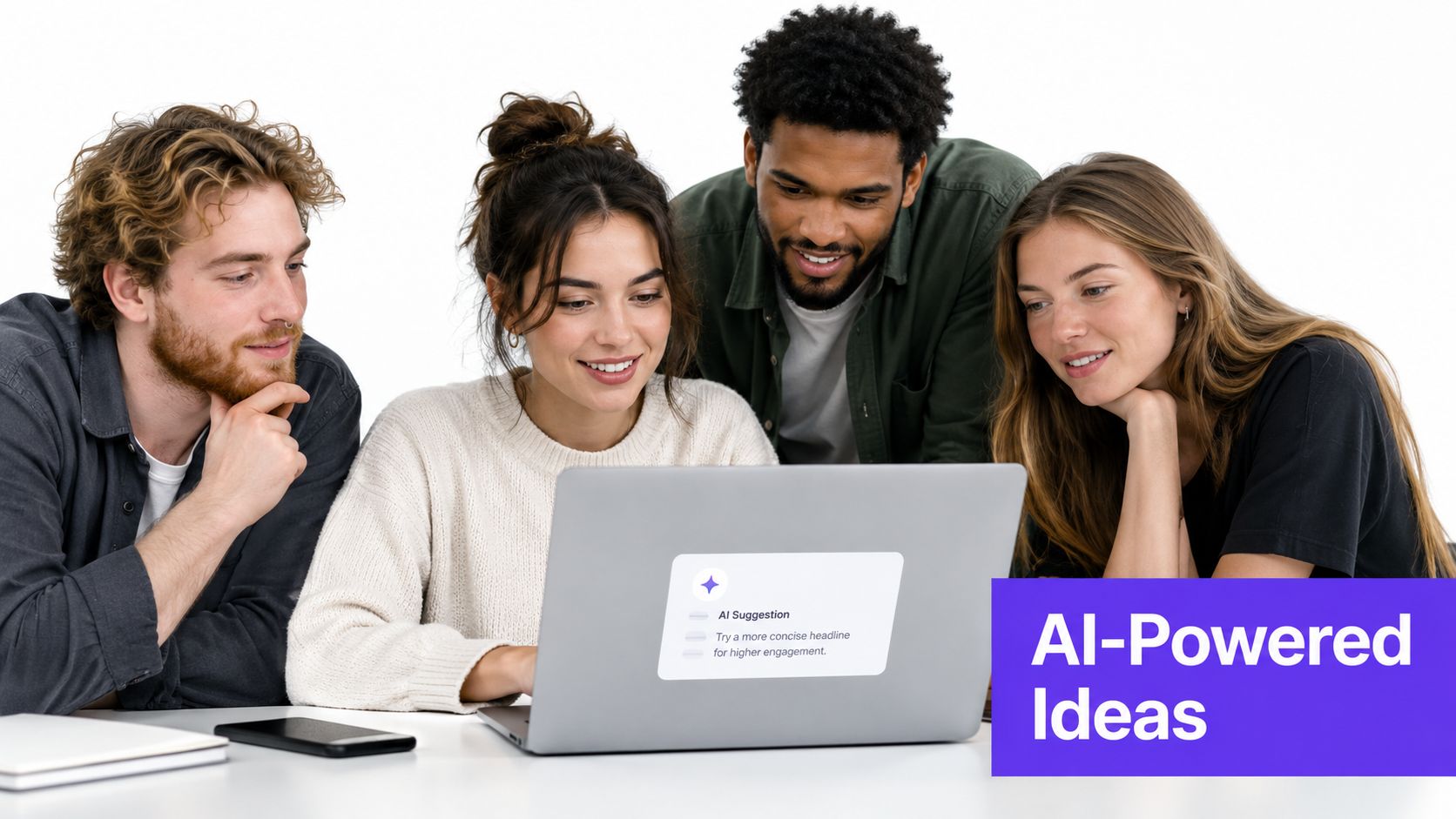 A diverse group of four young professionals collaborating on a laptop project with AI-powered ideas.