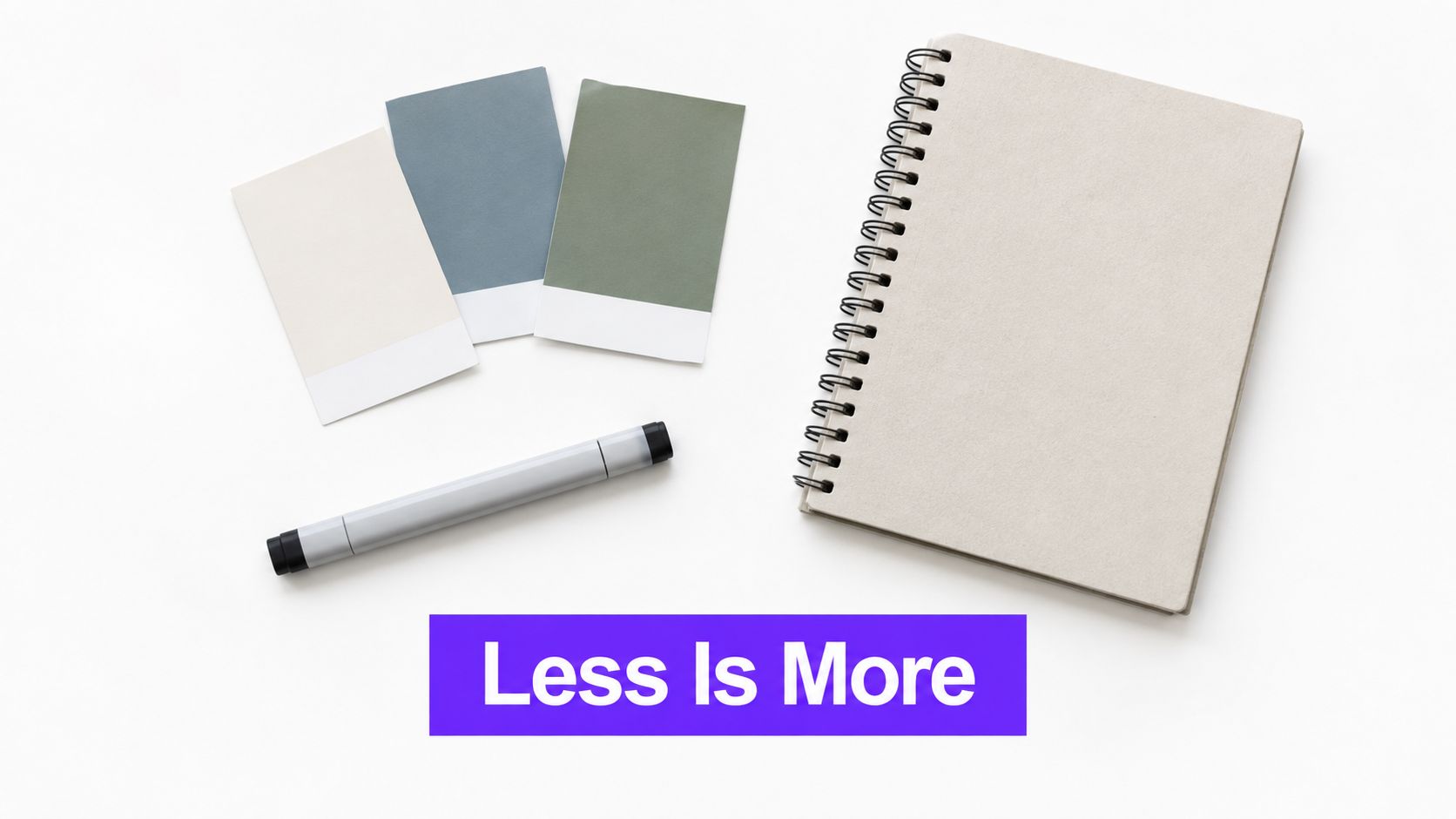 A minimalist flatlay featuring a spiral notebook, a grey marker, and three color sample swatches.