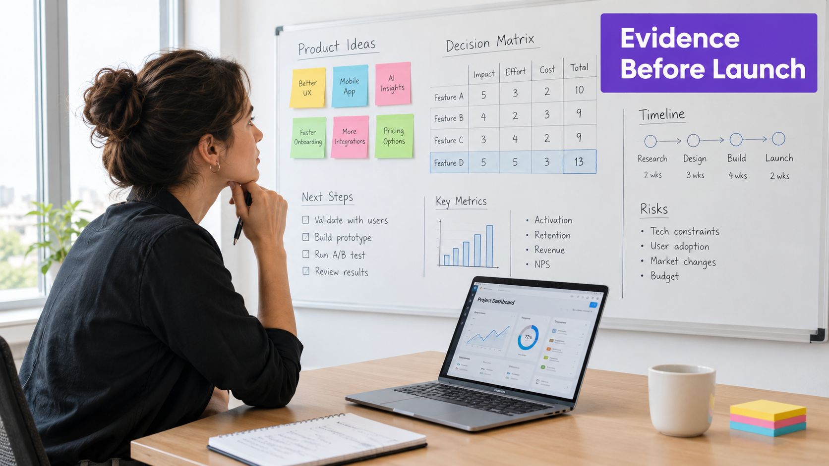A woman looks at a whiteboard showing project planning, decision matrices, and timelines for product development strategy.
