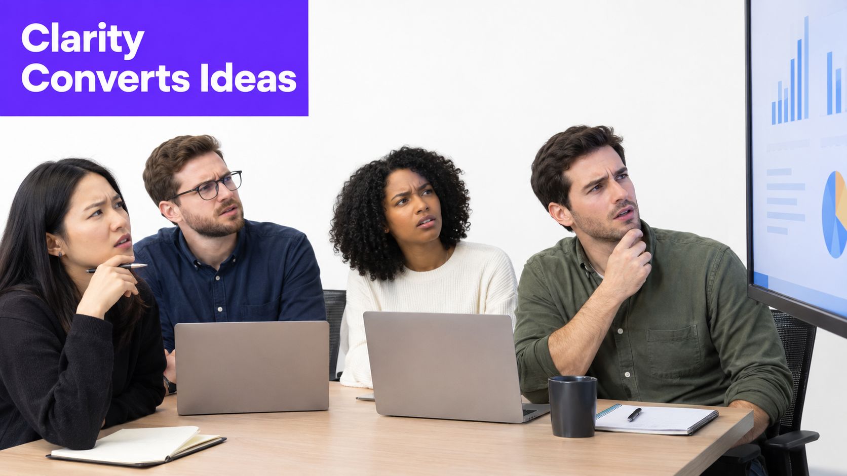 A diverse group of professionals looking intently at a presentation screen while brainstorming in an office.