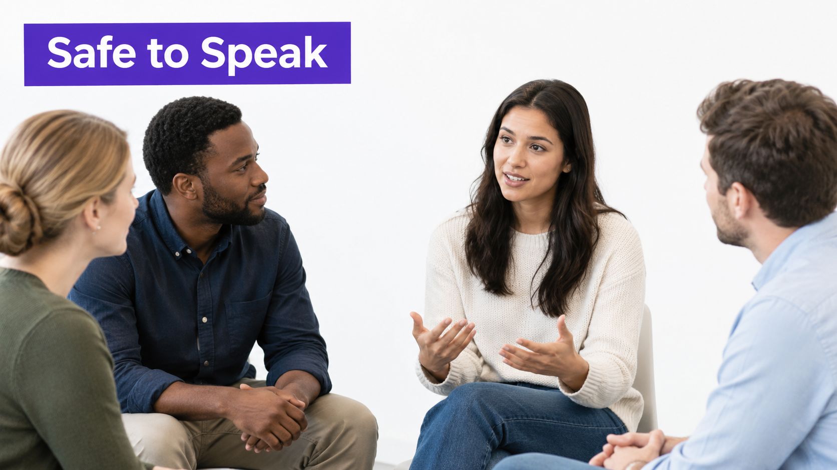 A diverse group of four people sitting in a circle for a supportive group therapy session.