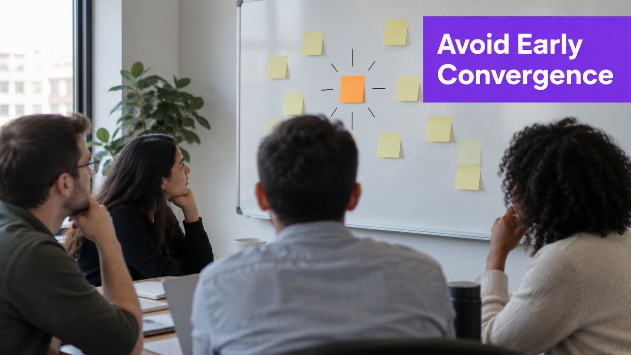 A diverse team sitting in a conference room focusing on a whiteboard filled with sticky notes.