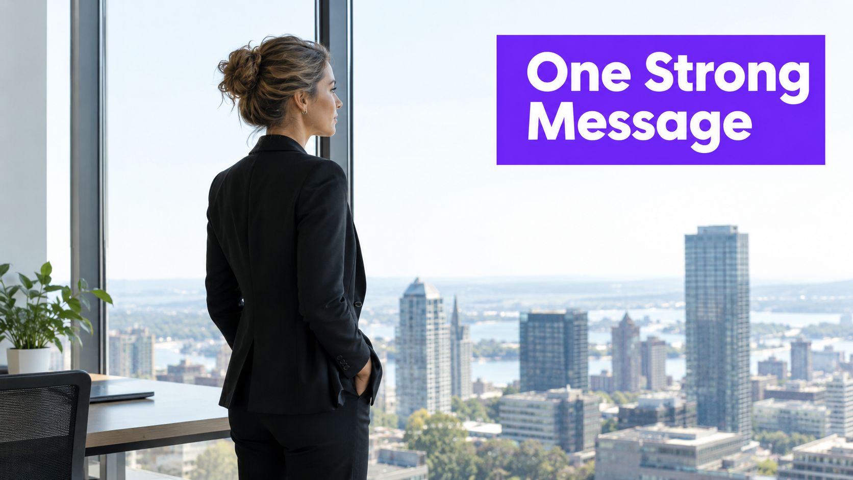 A professional woman in a black suit standing in a modern office overlooking a city skyline.