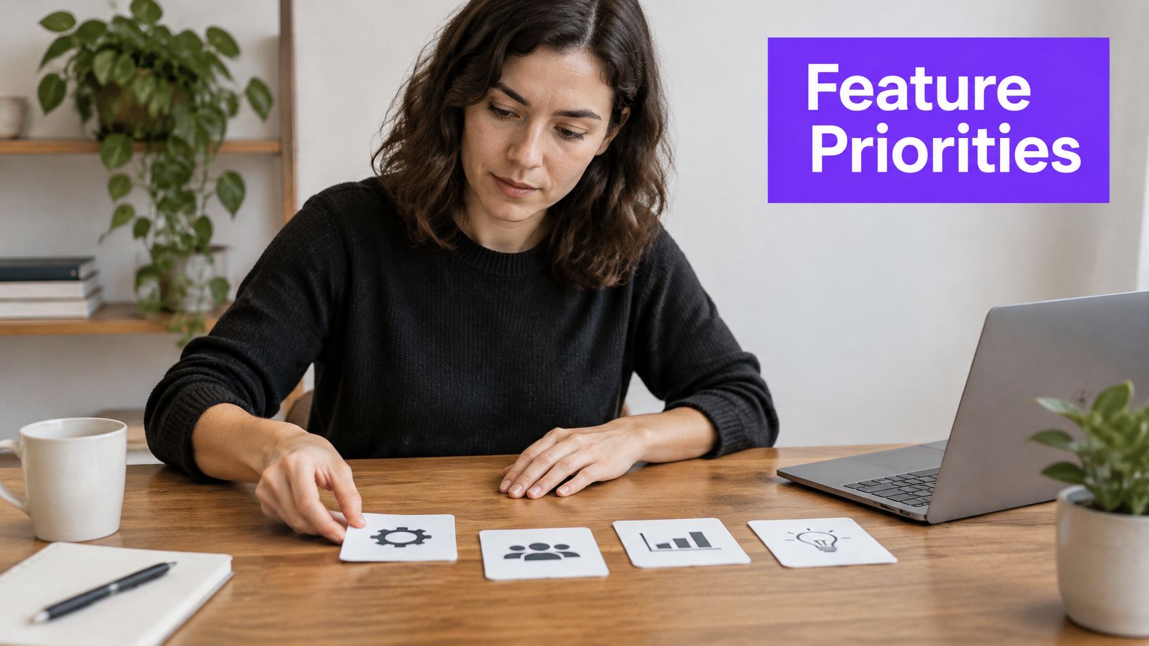 A woman working at a wooden desk, arranging cards with business icons to determine feature priorities.