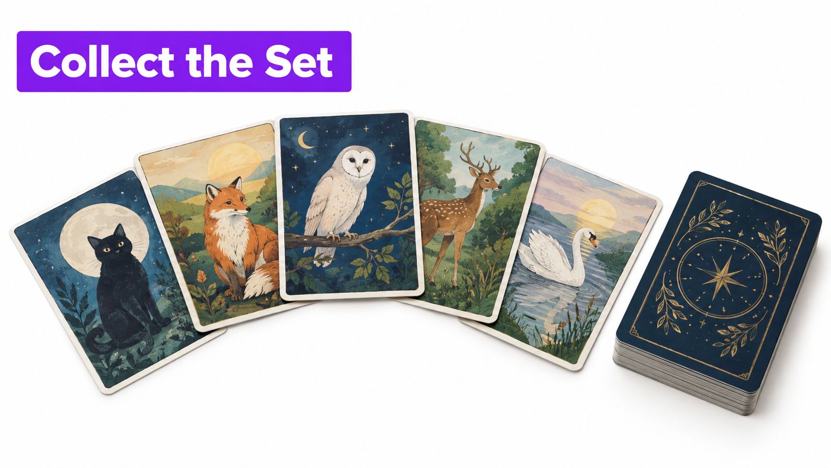 A set of beautifully illustrated oracle or tarot cards featuring animals like a cat, fox, owl, deer, and swan.