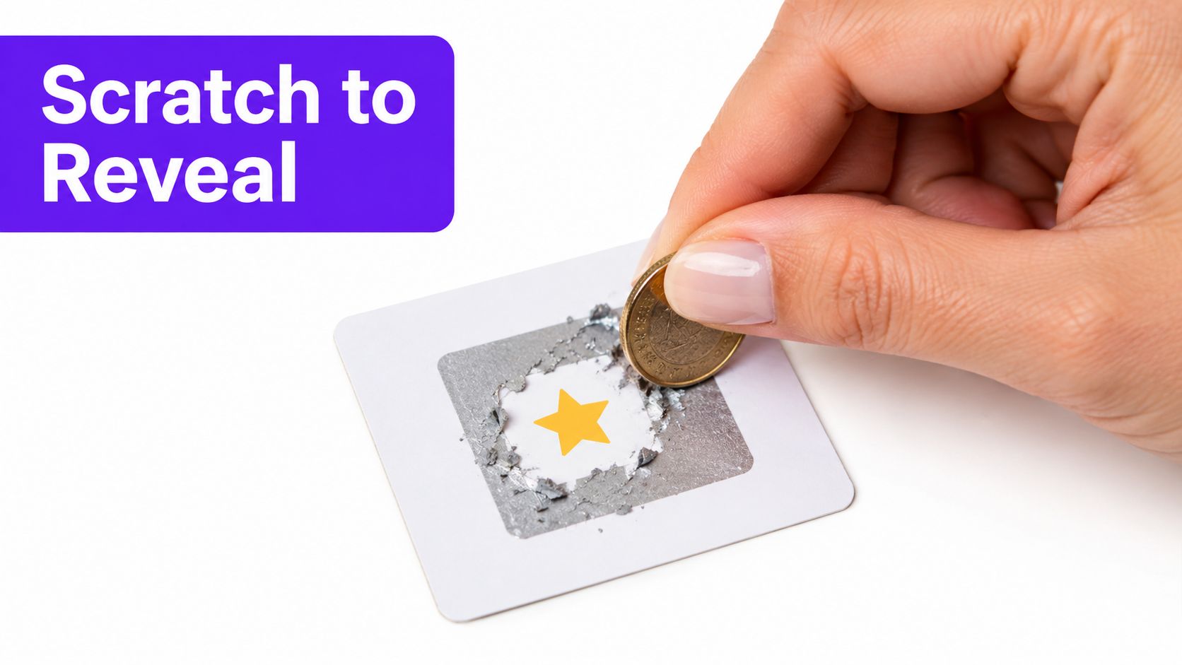 A hand using a coin to scratch off a silver coating on a card to reveal a star.