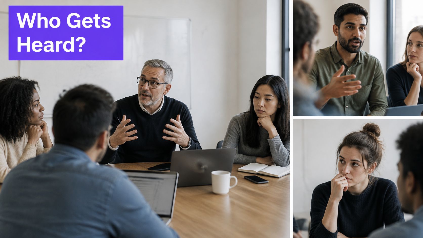 Diverse professionals discussing in a collaborative corporate office meeting while sitting around a wooden table.