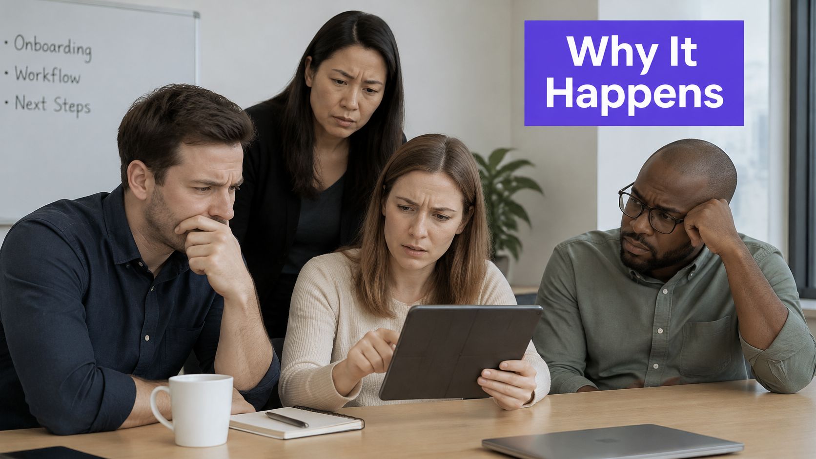 A diverse group of professionals looking concerned while collaborating on a tablet in an office environment.