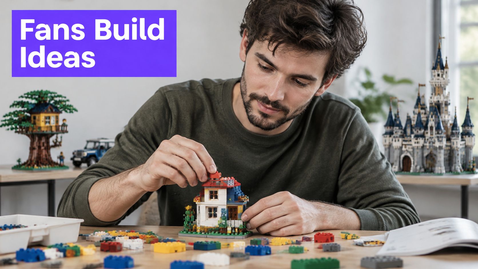 A man focused on building a miniature Lego house while other completed Lego sets sit nearby.