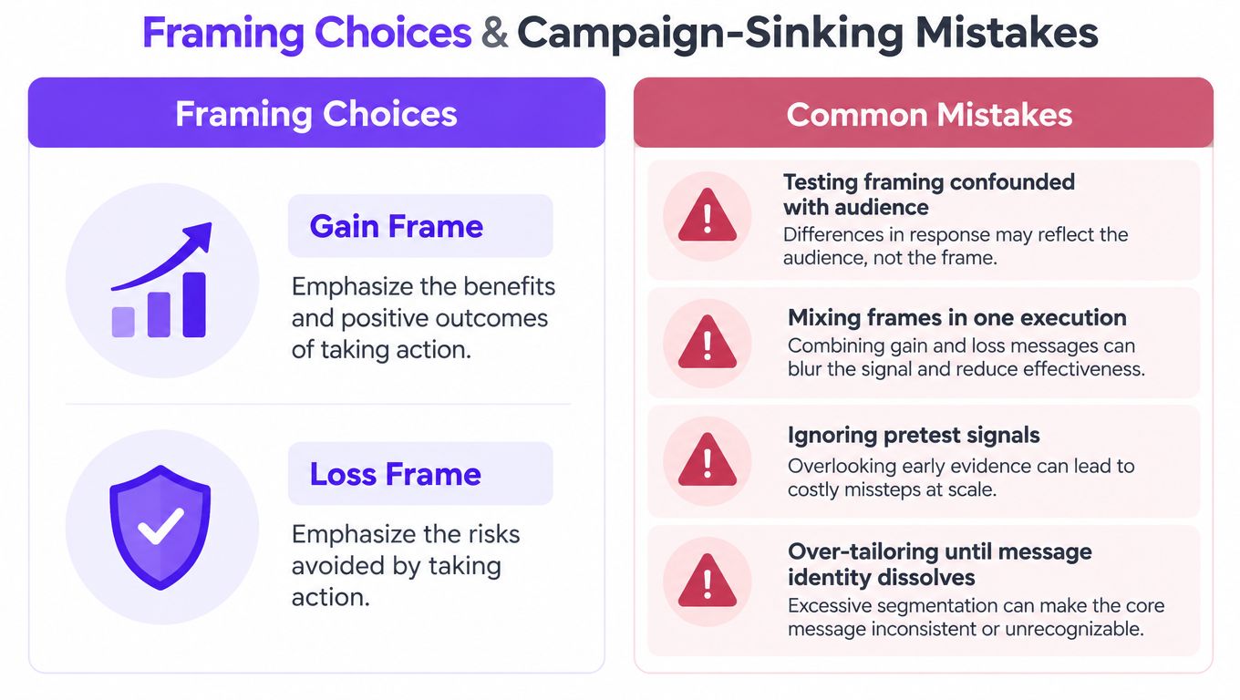 An infographic comparing gain frame and loss frame marketing strategies alongside four common campaign-sinking mistakes.