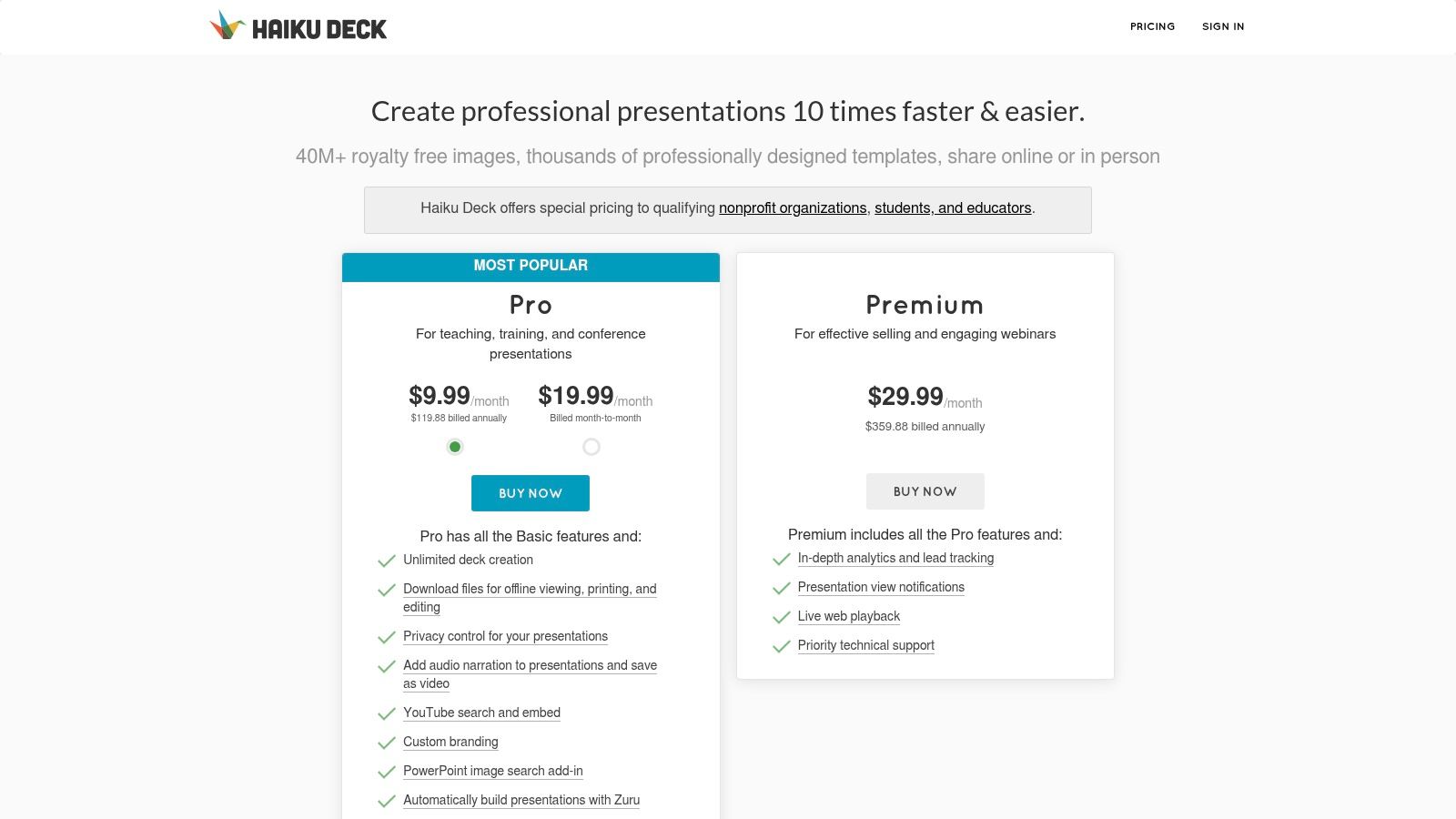 Screenshot of the Haiku Deck pricing page showing the different subscription plans available for the presentation software.