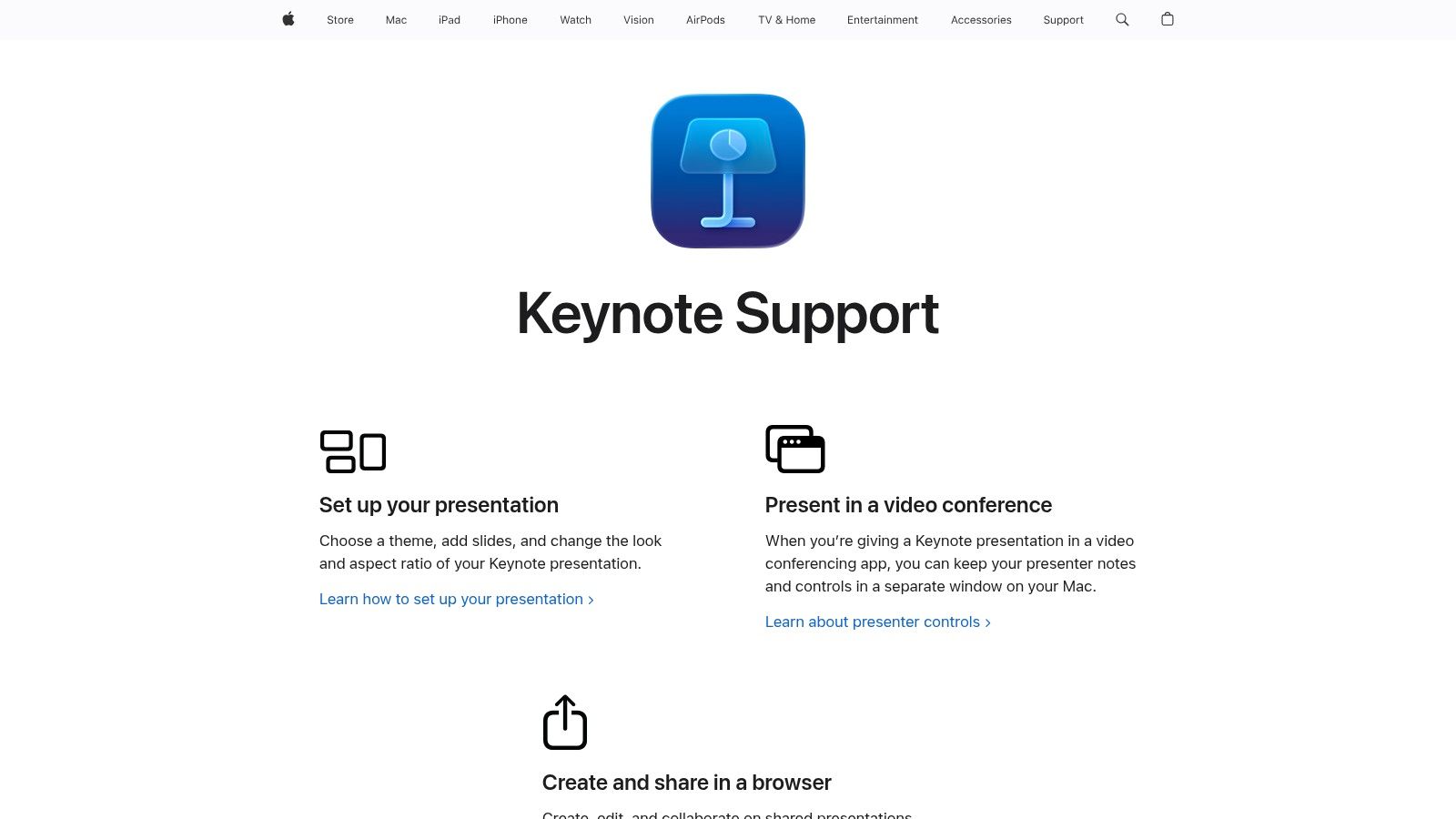 The Apple Keynote presentation software landing page showcasing its interface and design capabilities on Apple devices.