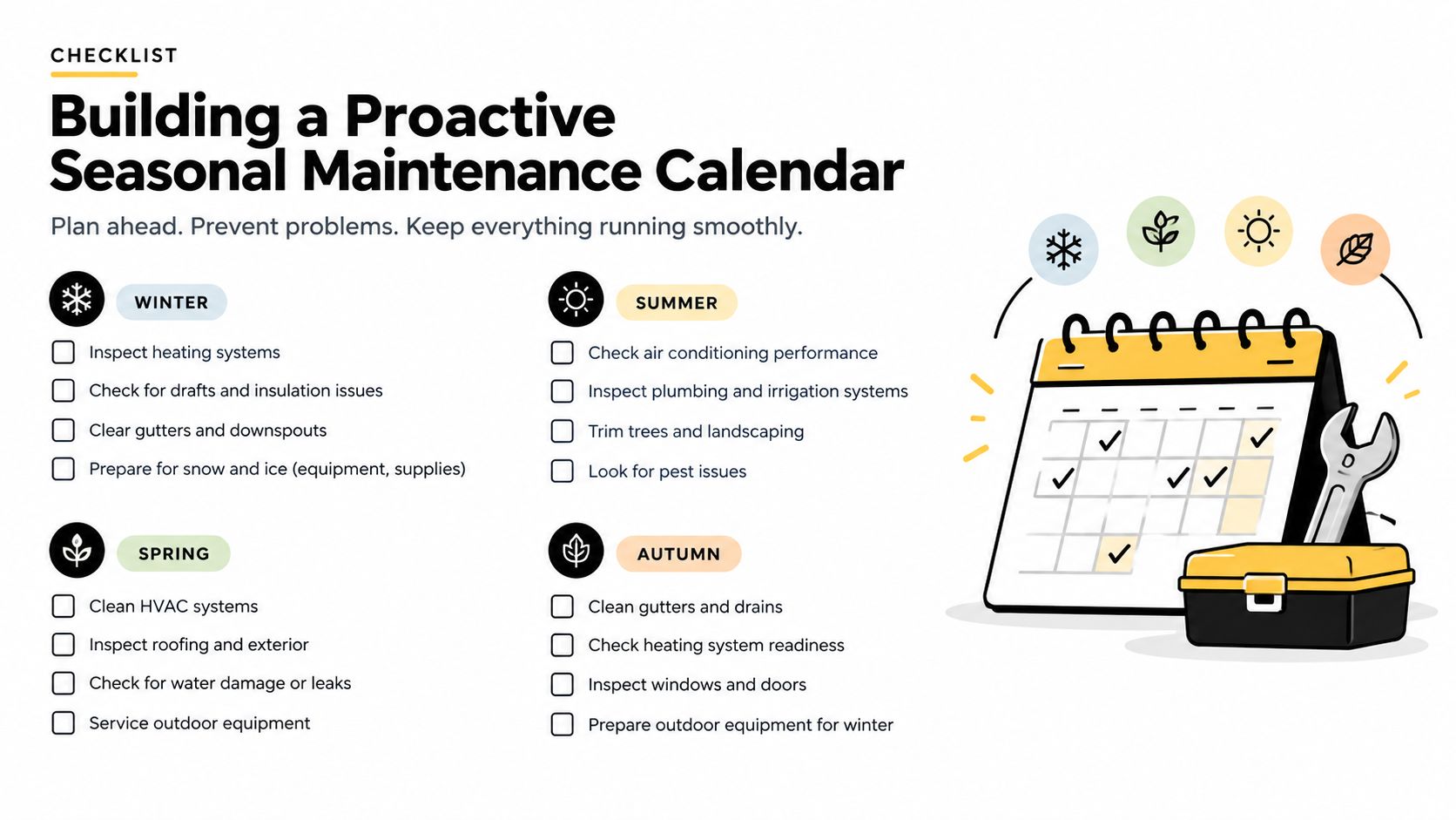A checklist titled Building a Proactive Seasonal Maintenance Calendar listing home maintenance tasks for winter, spring, summer, and autumn.