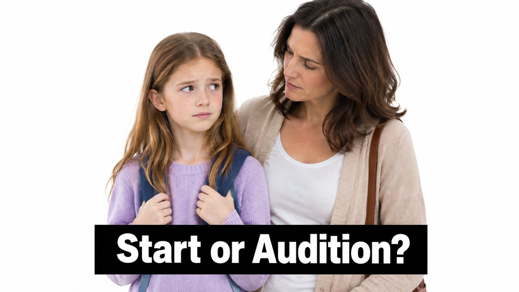 A concerned mother talks to her young daughter who is wearing a backpack and looking nervous.