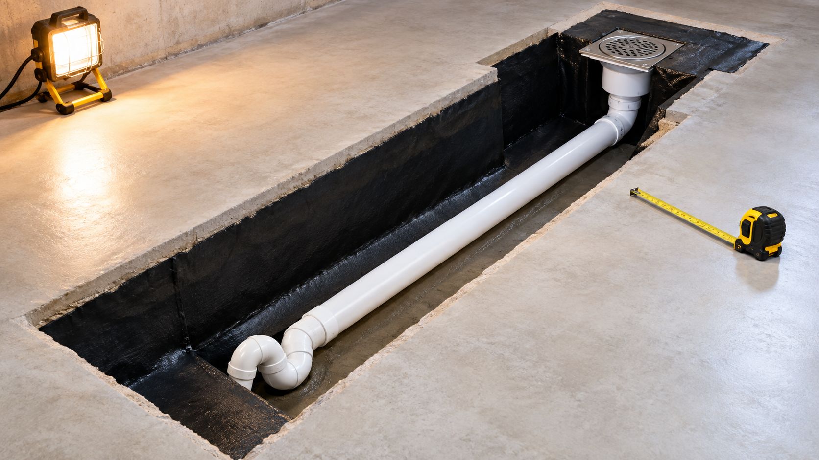 A newly installed white PVC pipe drainage system set into a channel cut in a concrete basement floor.