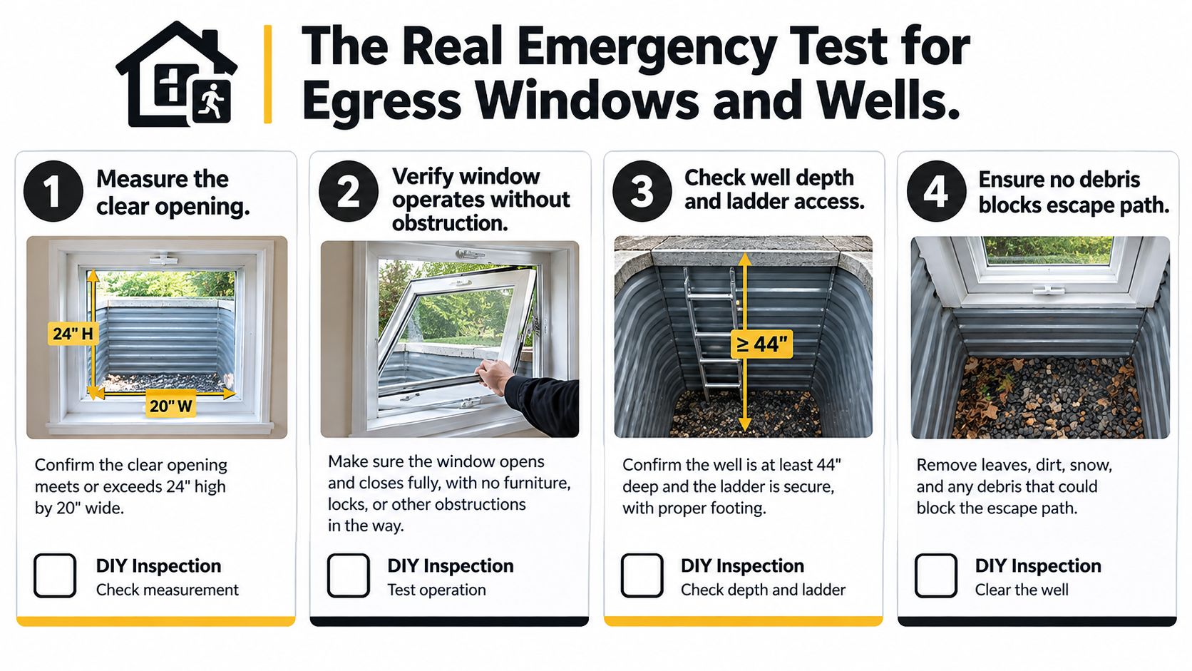 An infographic showing four steps to test bedroom egress windows and wells for emergency safety.