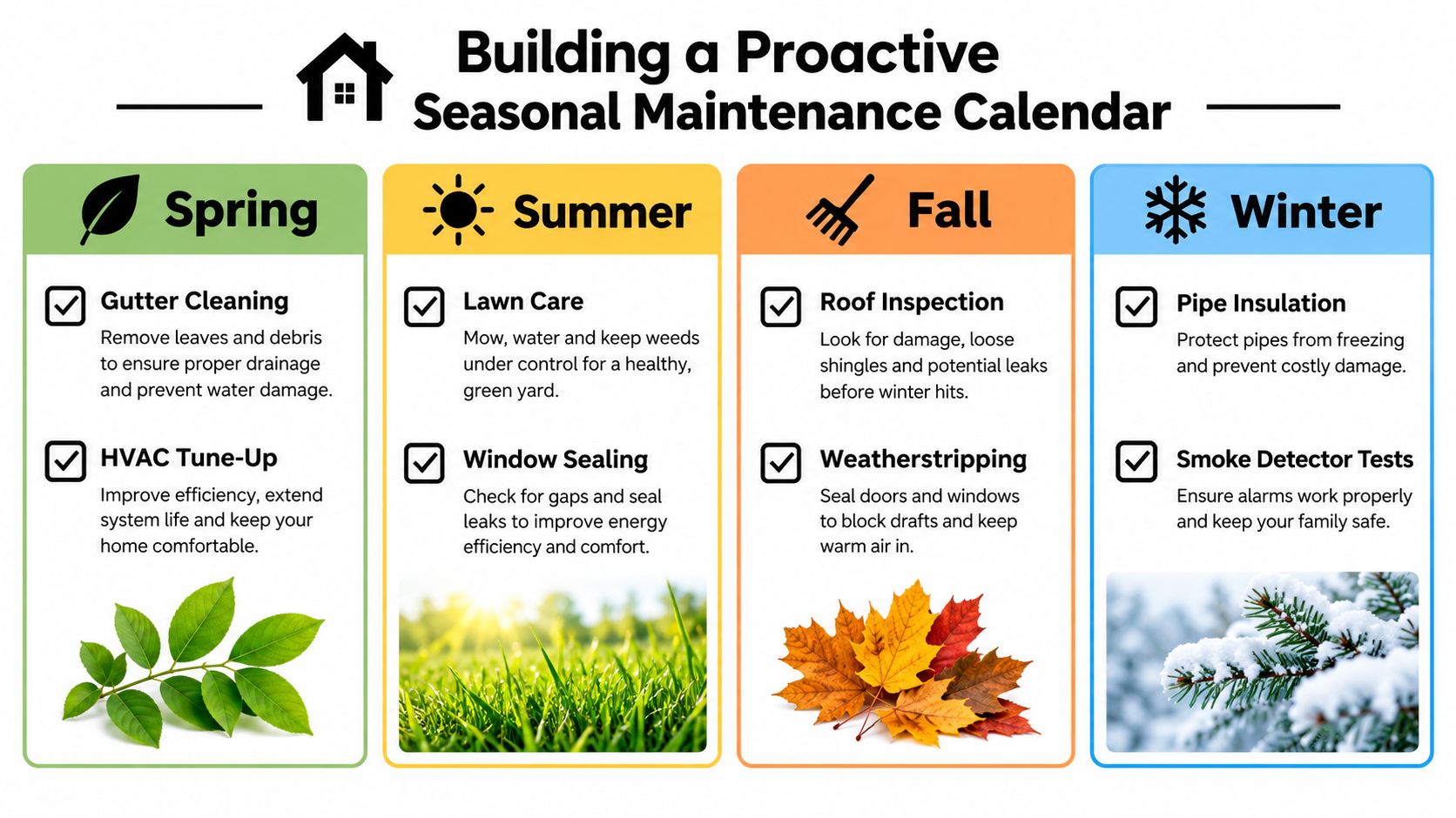 A seasonal home maintenance checklist for spring, summer, fall, and winter tasks to keep a home safe.