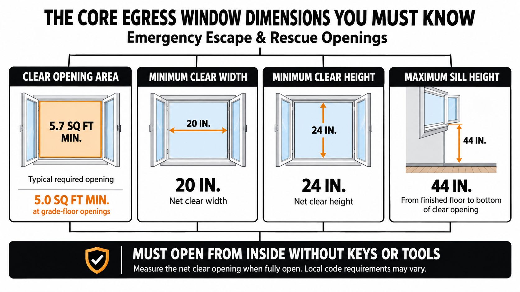 A diagram illustrating the core dimensions and safety requirements for bedroom egress windows and emergency exits.