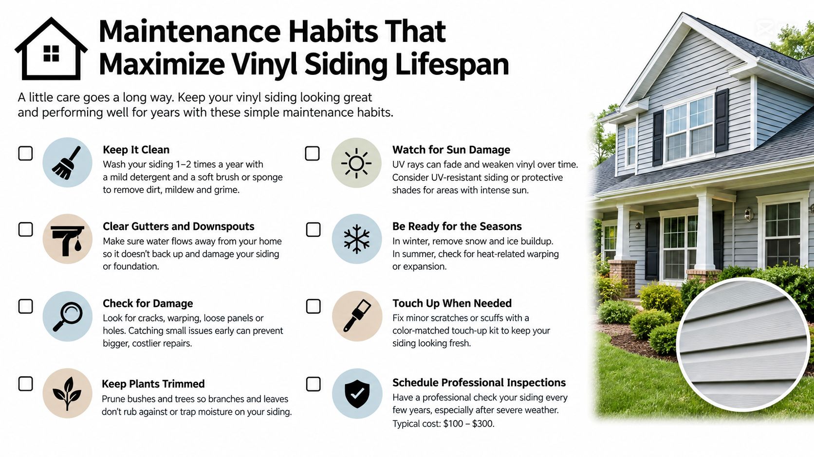 An infographic titled Maintenance Habits That Maximize Vinyl Siding Lifespan featuring eight tips for home exterior care.
