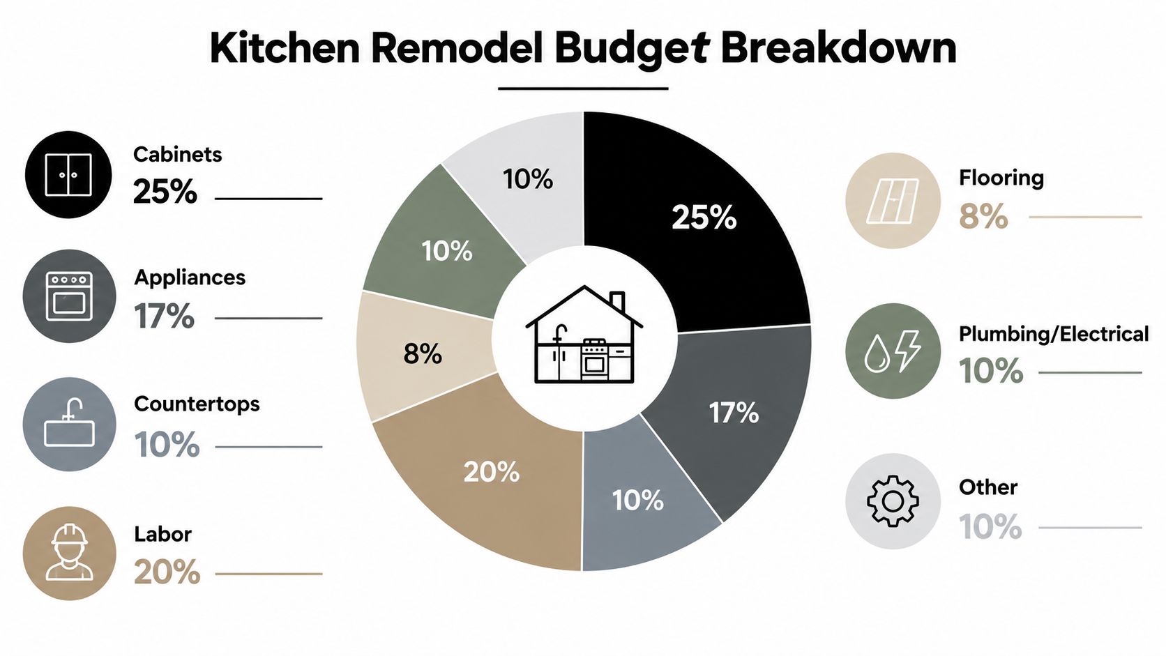 A pie chart displaying the percentage breakdown of expenses for a kitchen remodeling project by category.