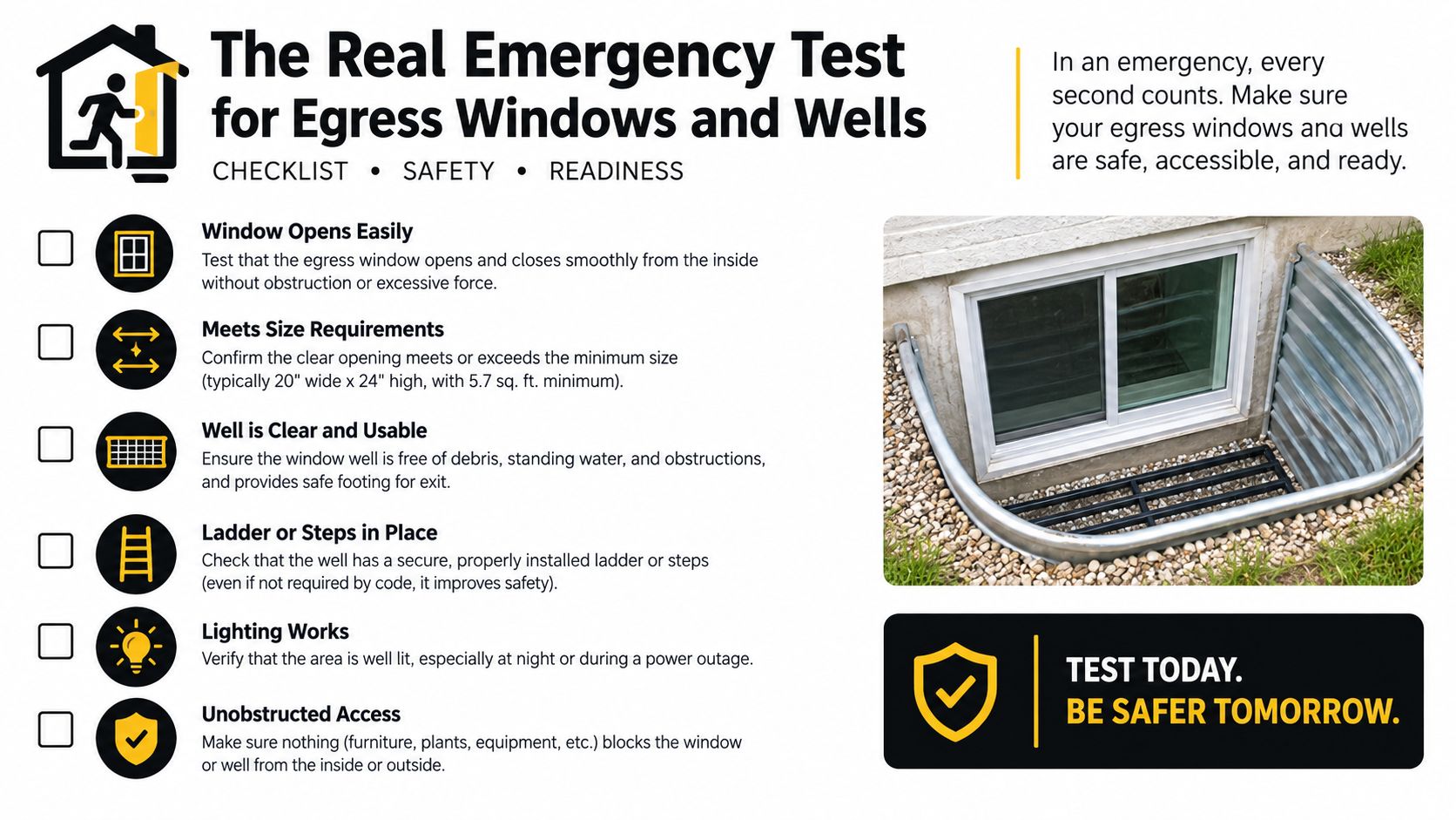 A safety checklist infographic for testing the accessibility and functionality of residential emergency egress windows and wells.