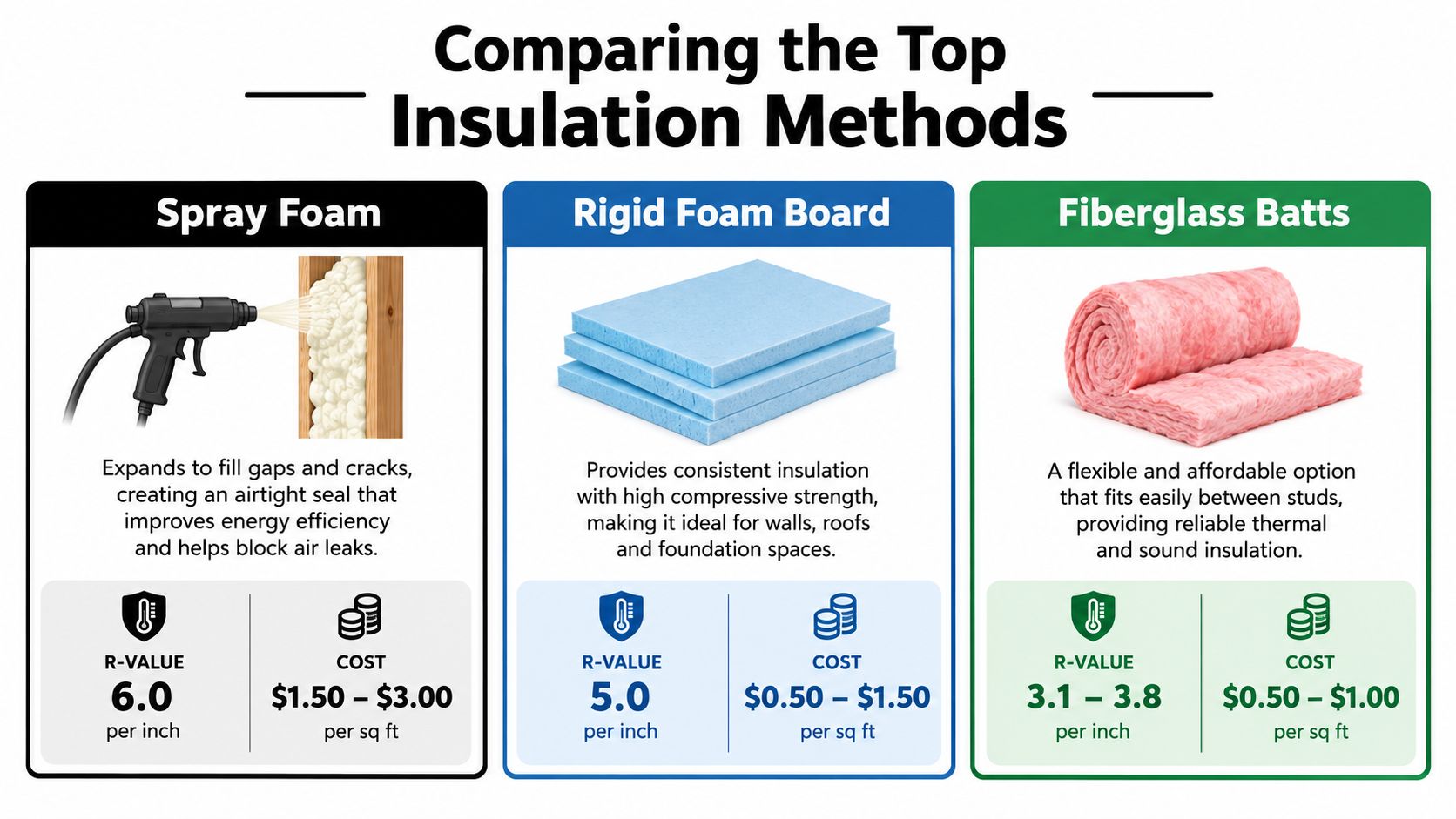 A comparison chart showing R-value and cost per square foot for spray foam, rigid foam board, and fiberglass insulation.