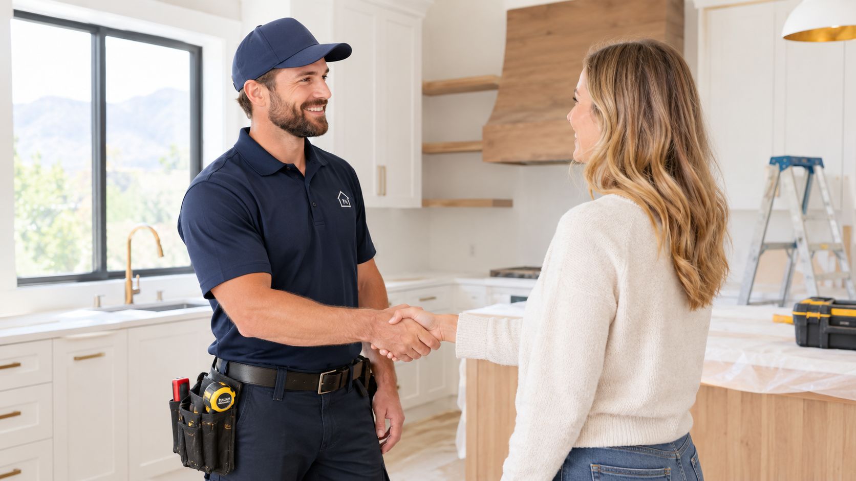 A professional contractor in uniform shakes hands with a homeowner inside a modern kitchen undergoing renovations.
