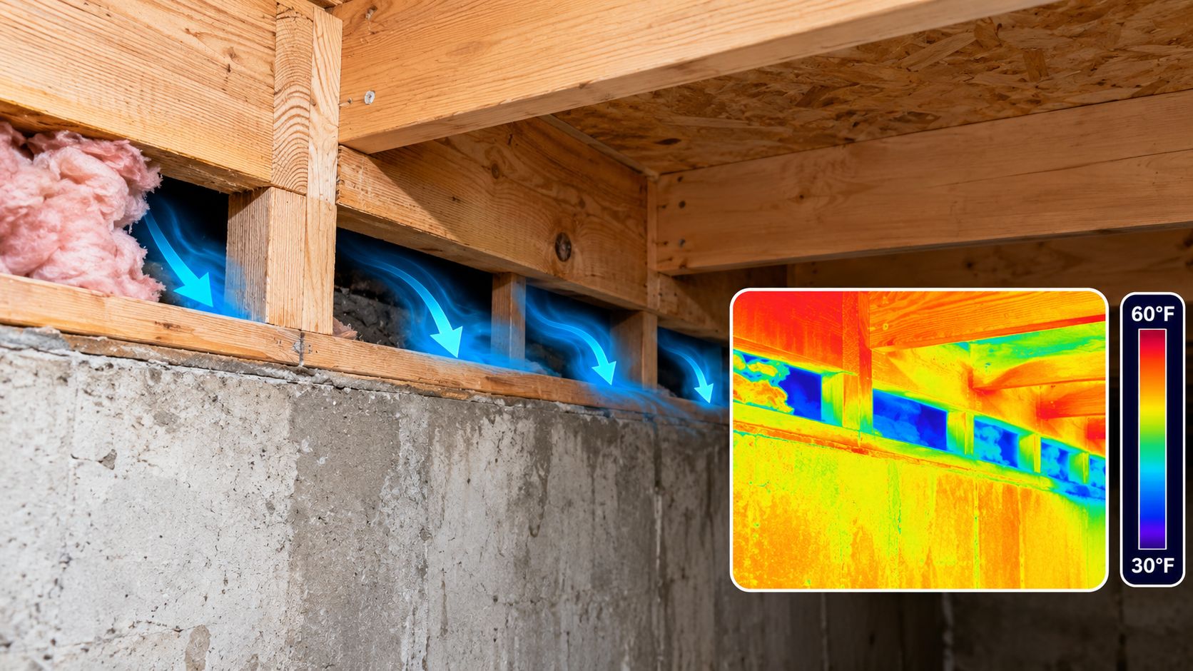 A thermal imaging overlay shows heat loss occurring at the uninsulated rim joist area of a basement.