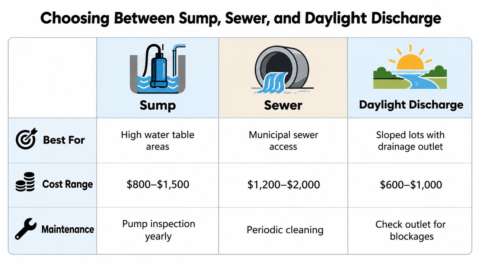 A comparison chart outlining the best use cases, cost ranges, and maintenance needs for sump, sewer, and daylight discharge.