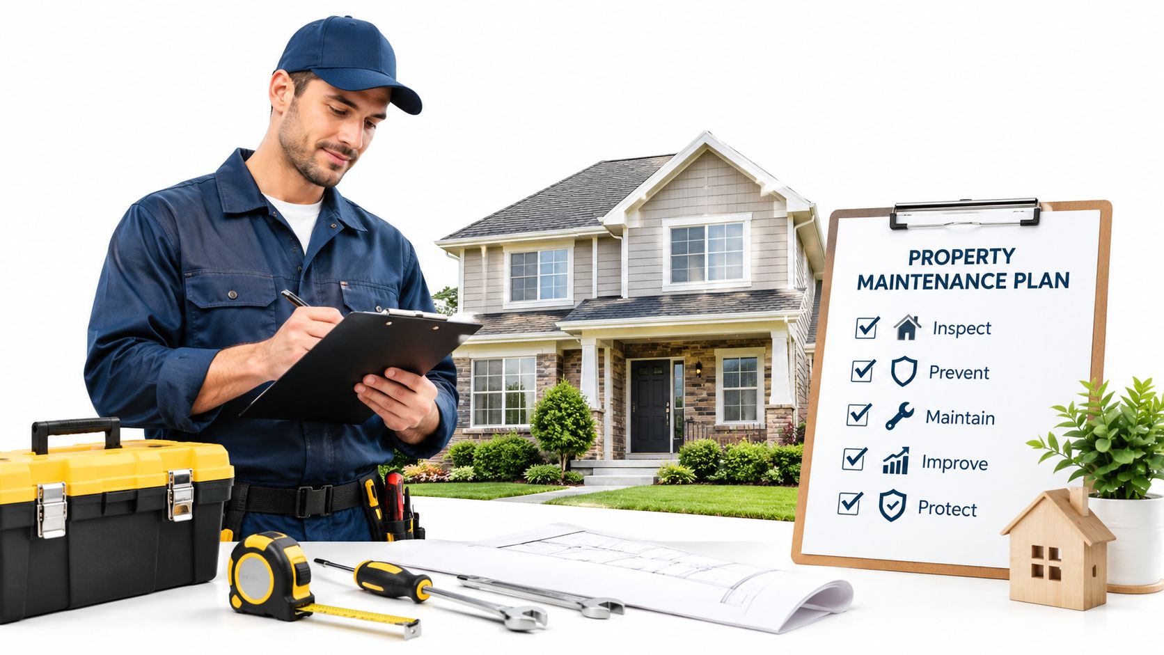 A professional maintenance technician inspecting a house plan with tools and a property maintenance checklist nearby.