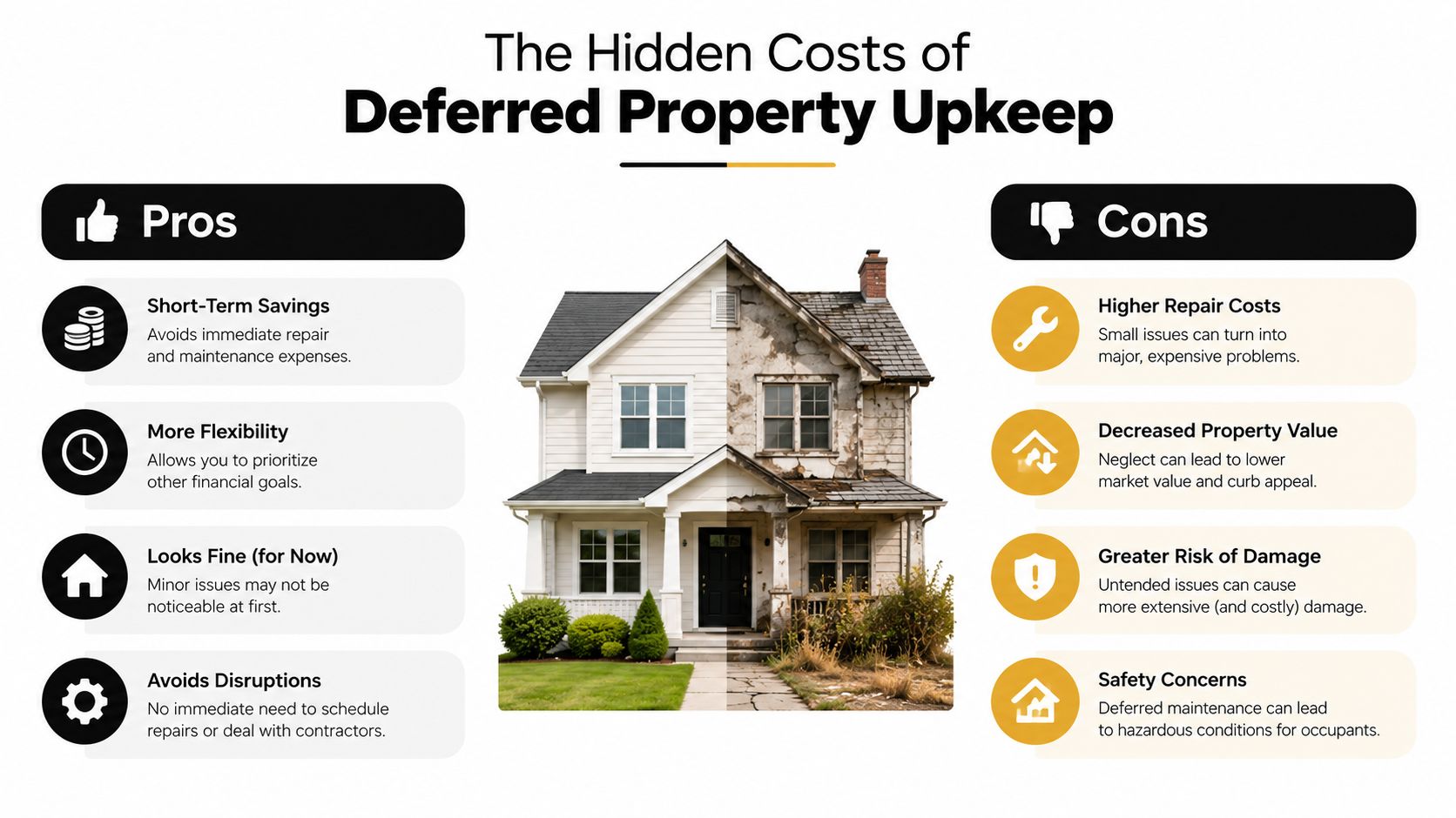 An infographic comparing the pros and cons of deferred home maintenance shown with a split house illustration.