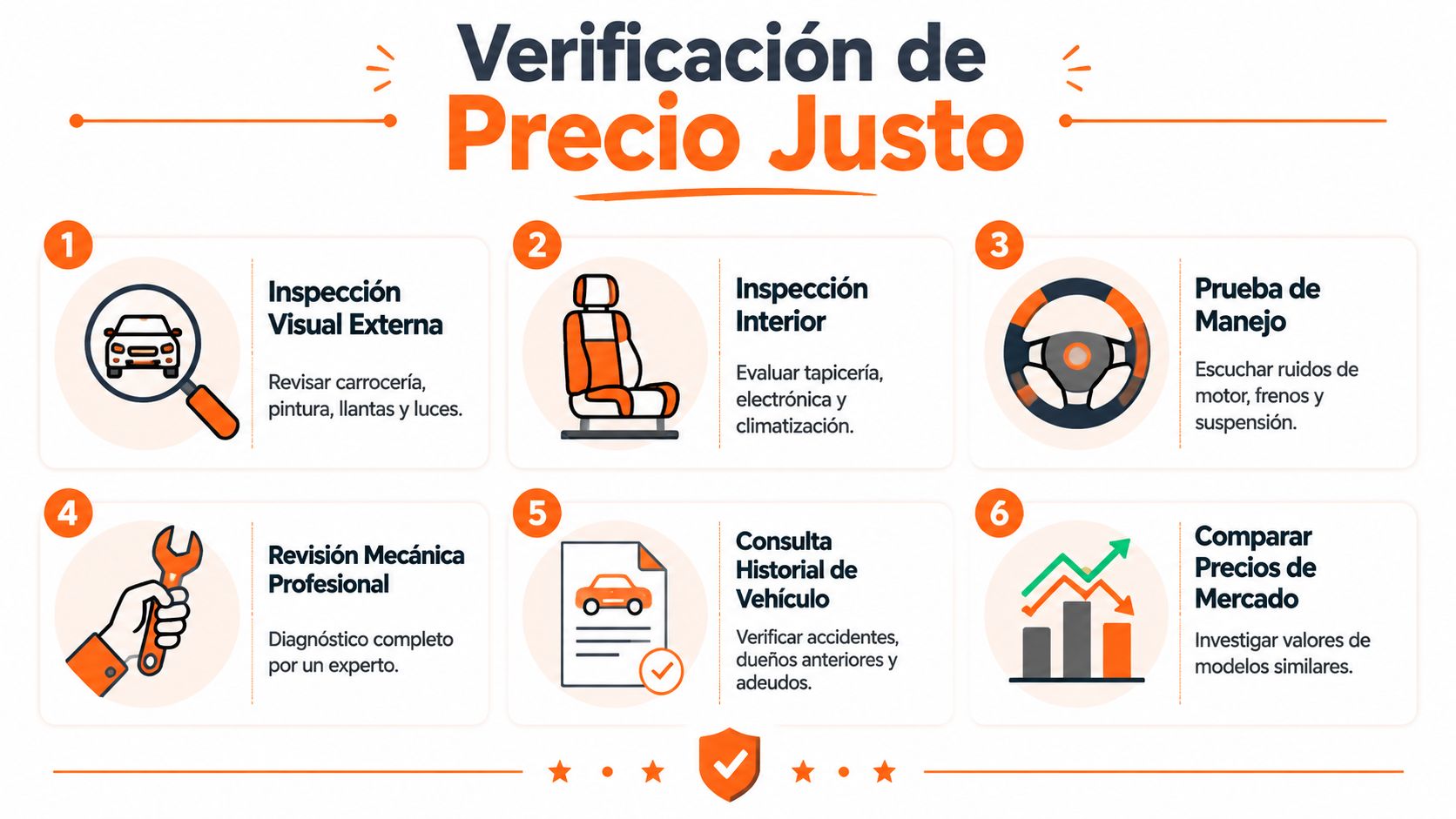 Infografía sobre el proceso de verificación de precio justo al comprar o vender un vehículo usado.