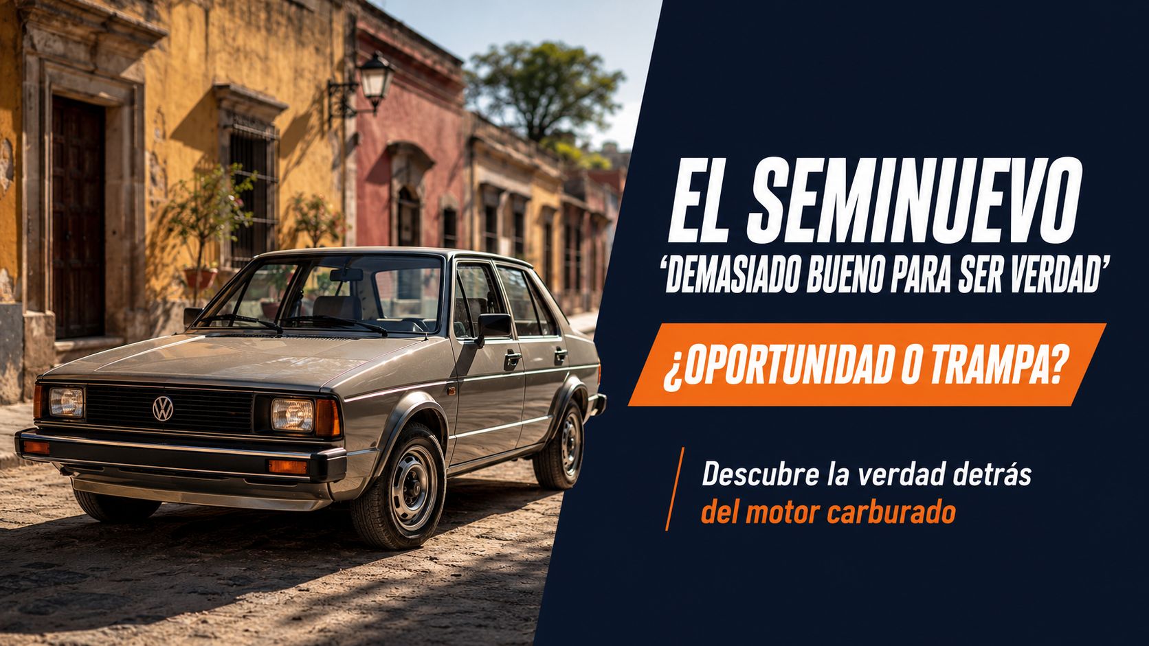 Un Volkswagen clásico de color gris estacionado en una calle empedrada con edificios coloniales de fondo.
