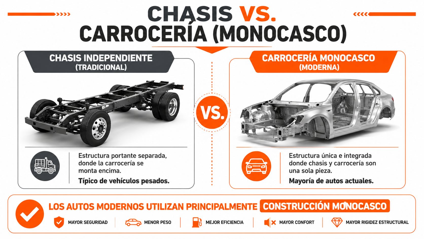 Comparativa técnica entre un chasis independiente tradicional y una carrocería monocasco moderna en vehículos actuales.